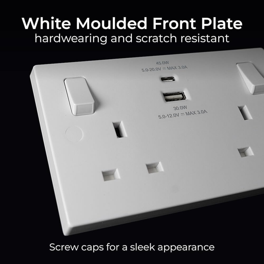 Thumbnail 6 de BG Electrical 922UAC45 45W Double Switched Power Wall Socket with USB Type A & C (White Moulded, Nexus 900 Series)