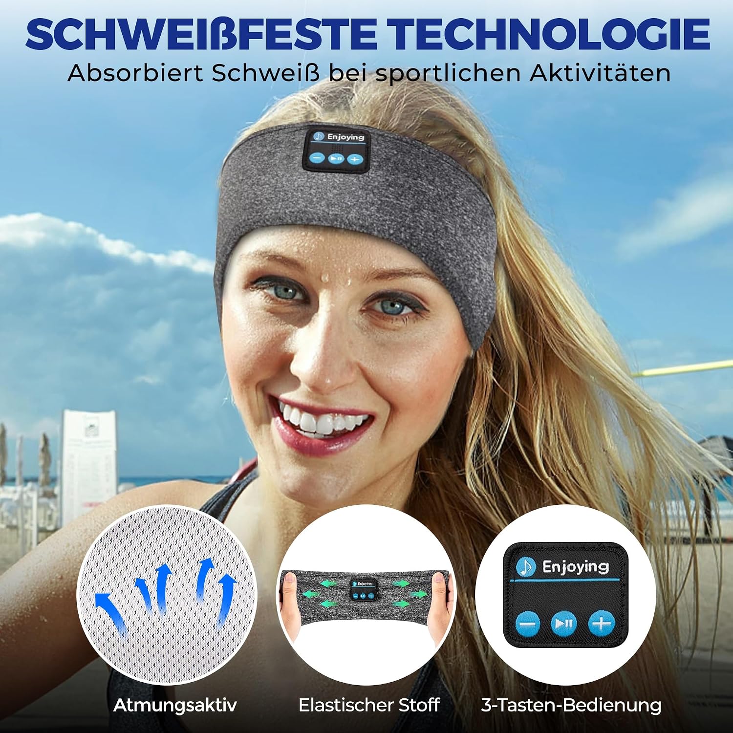 Detalle 1 de Bluetooth Sport Stirnband 10 Stunden Grau
