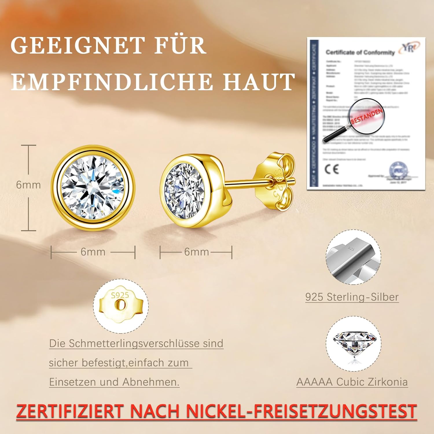 Thumbnail 1 de Bewenda Ohrstecker aus 925 Sterling Silber mit Zirkonia, Stecker rund (4/5/6 mm) in Geschenkbox