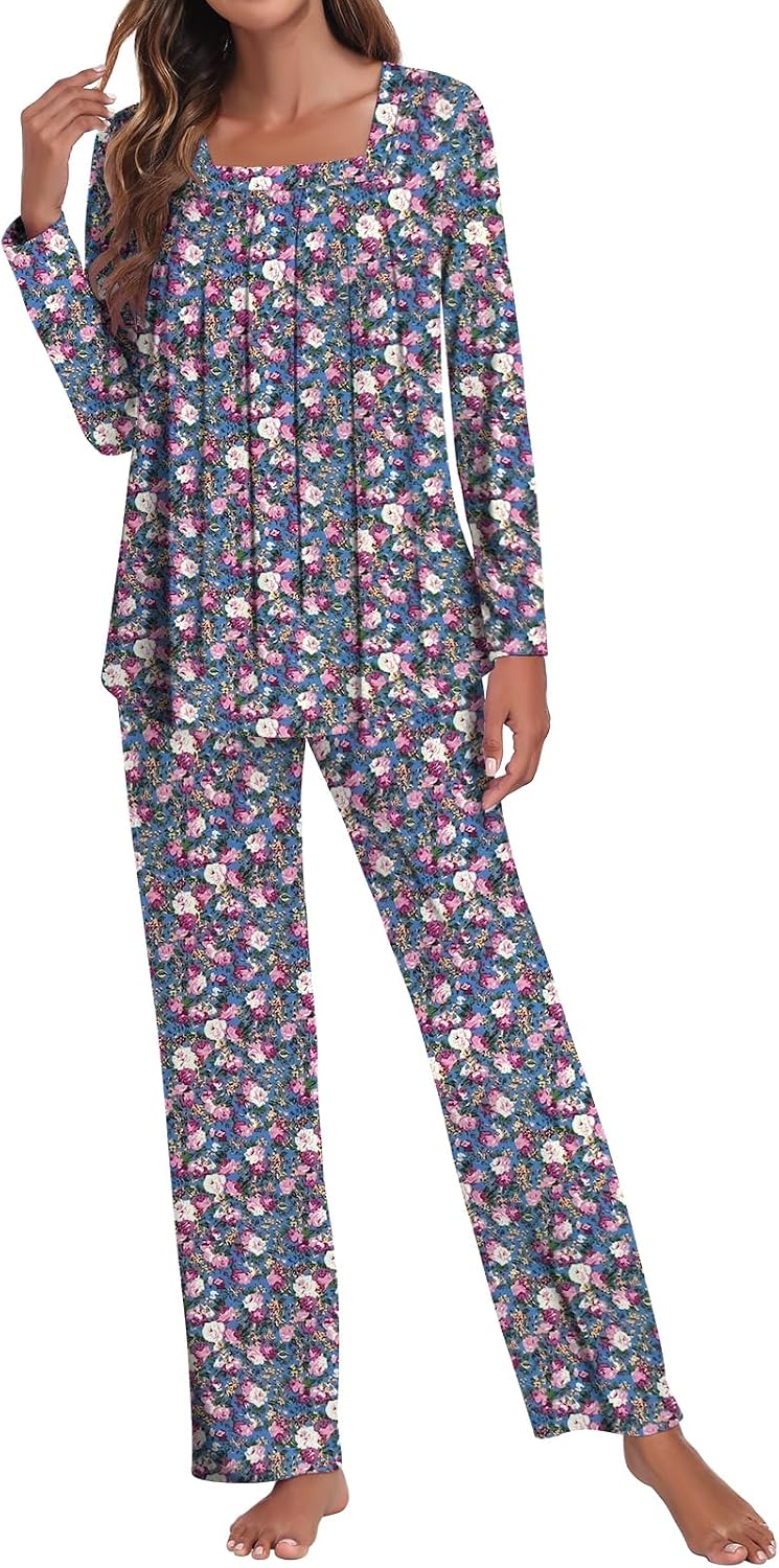 Detalle de Tencede Women's Pajama Set, Long Sleeves, Square Neck and Side Pockets