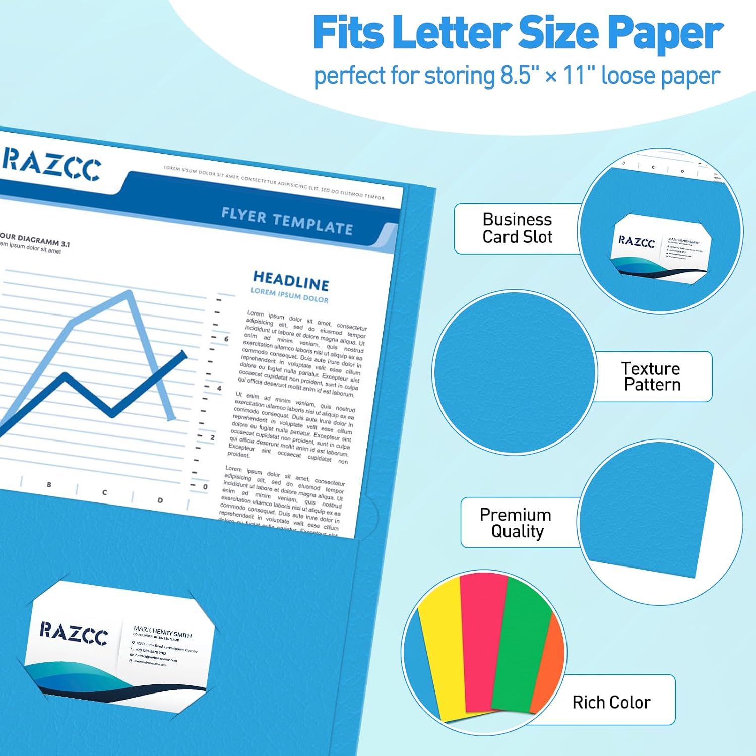 Detalle de RAZCC TwoPocketFolders-light Two-Pocket File Folders, Letter Size, 100-Pack, 5 Colors