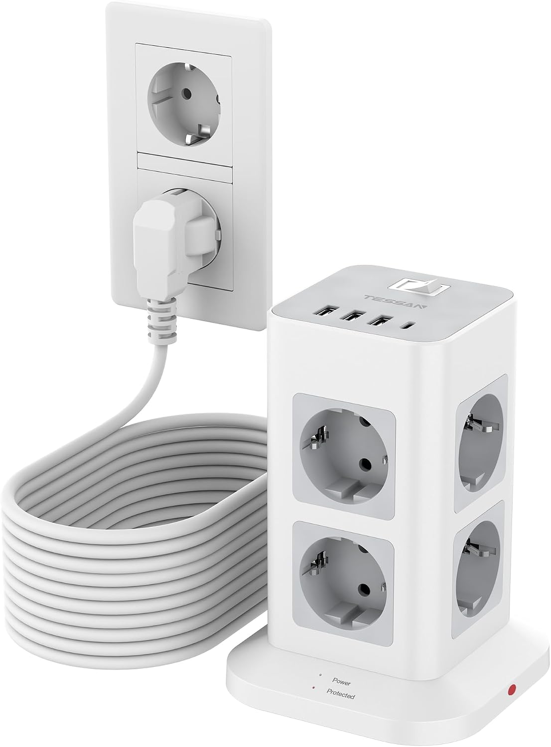 Detalle de TESSAN TPS05-DE-C stekkerdoos met 8 stopcontacten, 4 USB-poorten en kabel van 10 m