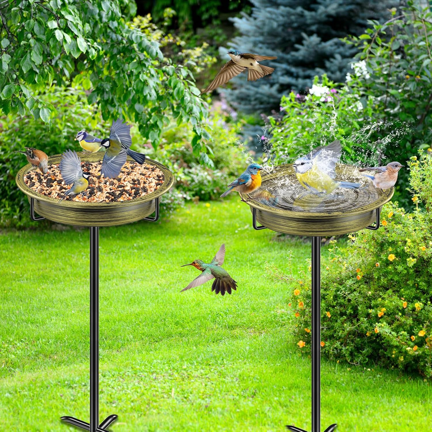 Detalle 2 de FaloStwer 40In Vogeltränke Groß – freistehende Vogelbad-Schale aus Metall, frostfest, Retro Gold