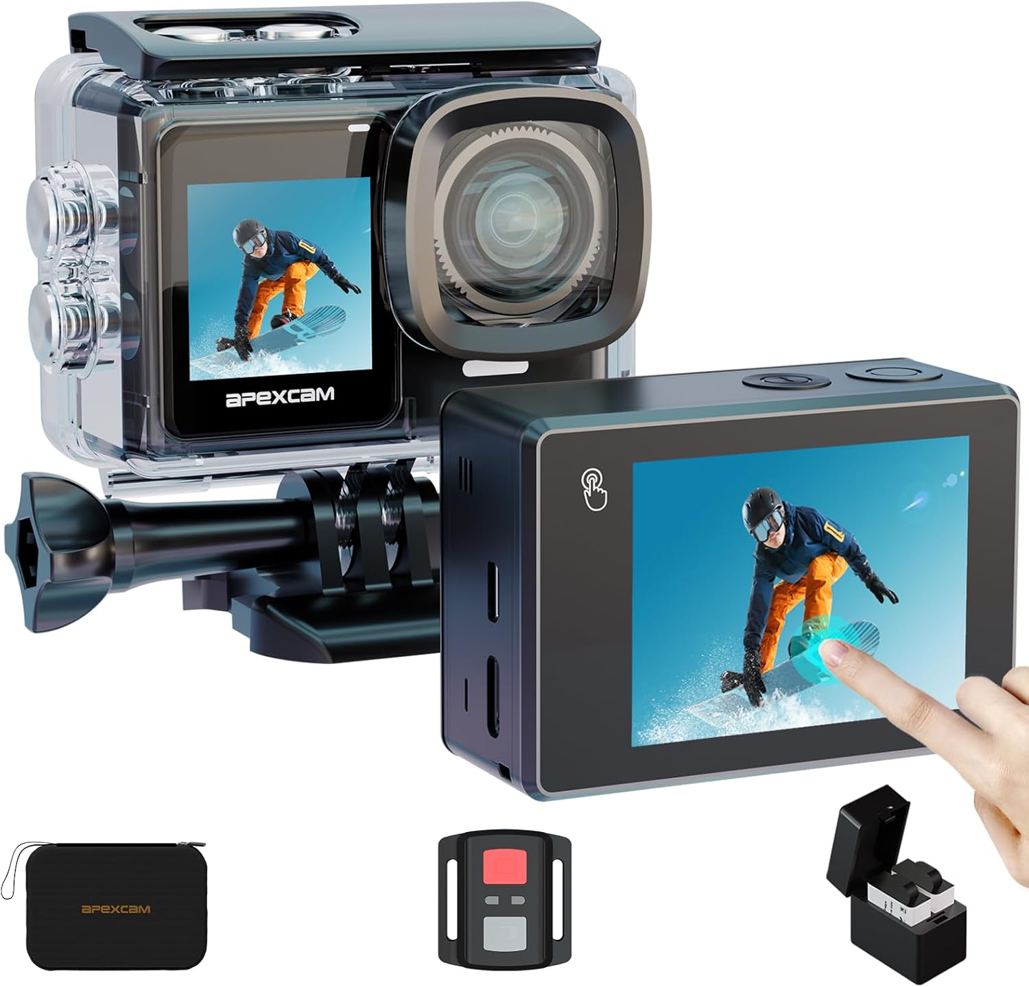 Detalle de Apexcam 4K 30FPS Action Cam Dualscreen mit 40 m Unterwasser, EIS, WiFi Fernbedienung und 2×1350 mAh Akku – Komplettset
