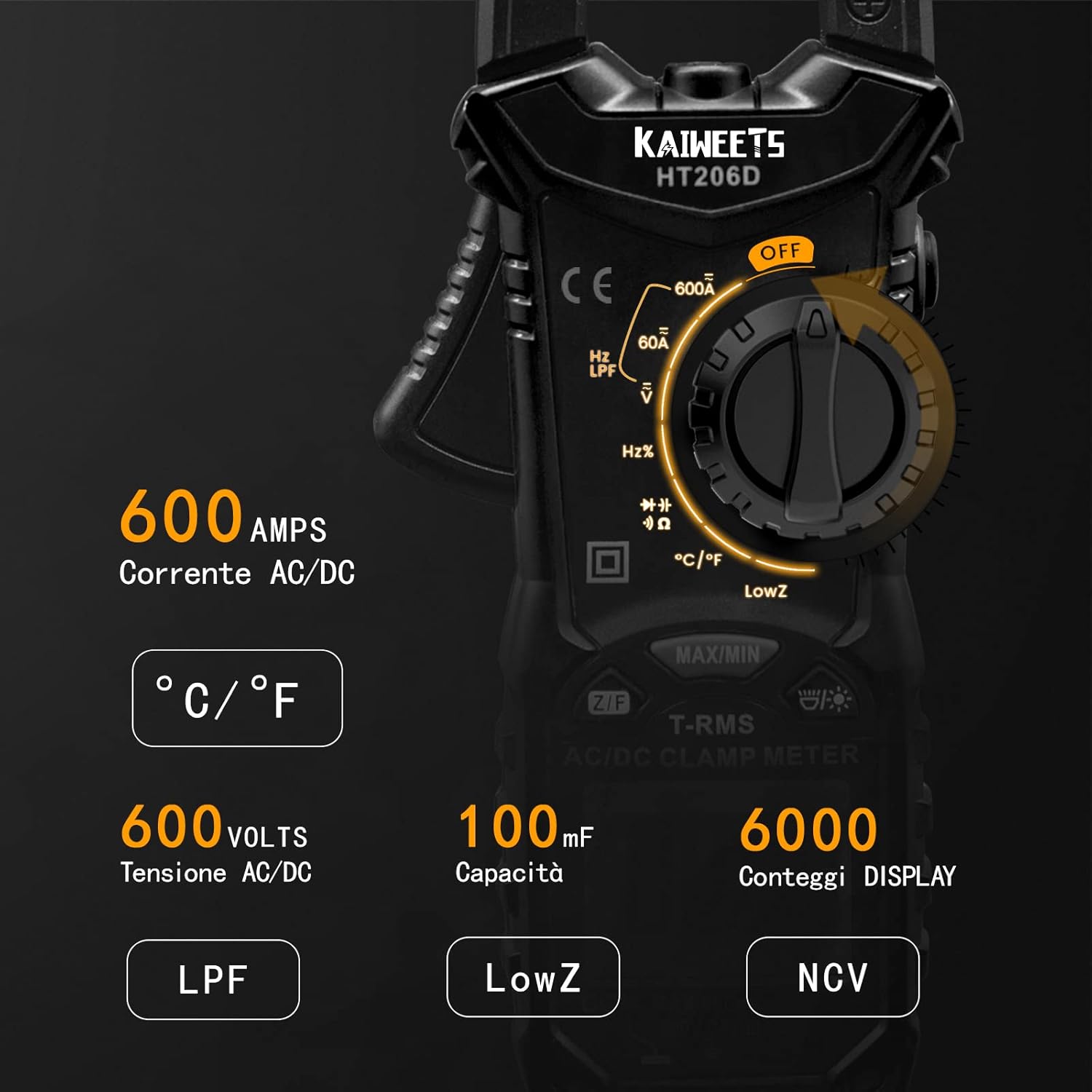 Thumbnail 1 de Pinza amperometrica AC/DC KAIWEETS T-RMS 6000 conteggi (0-600A) CAT III 600V