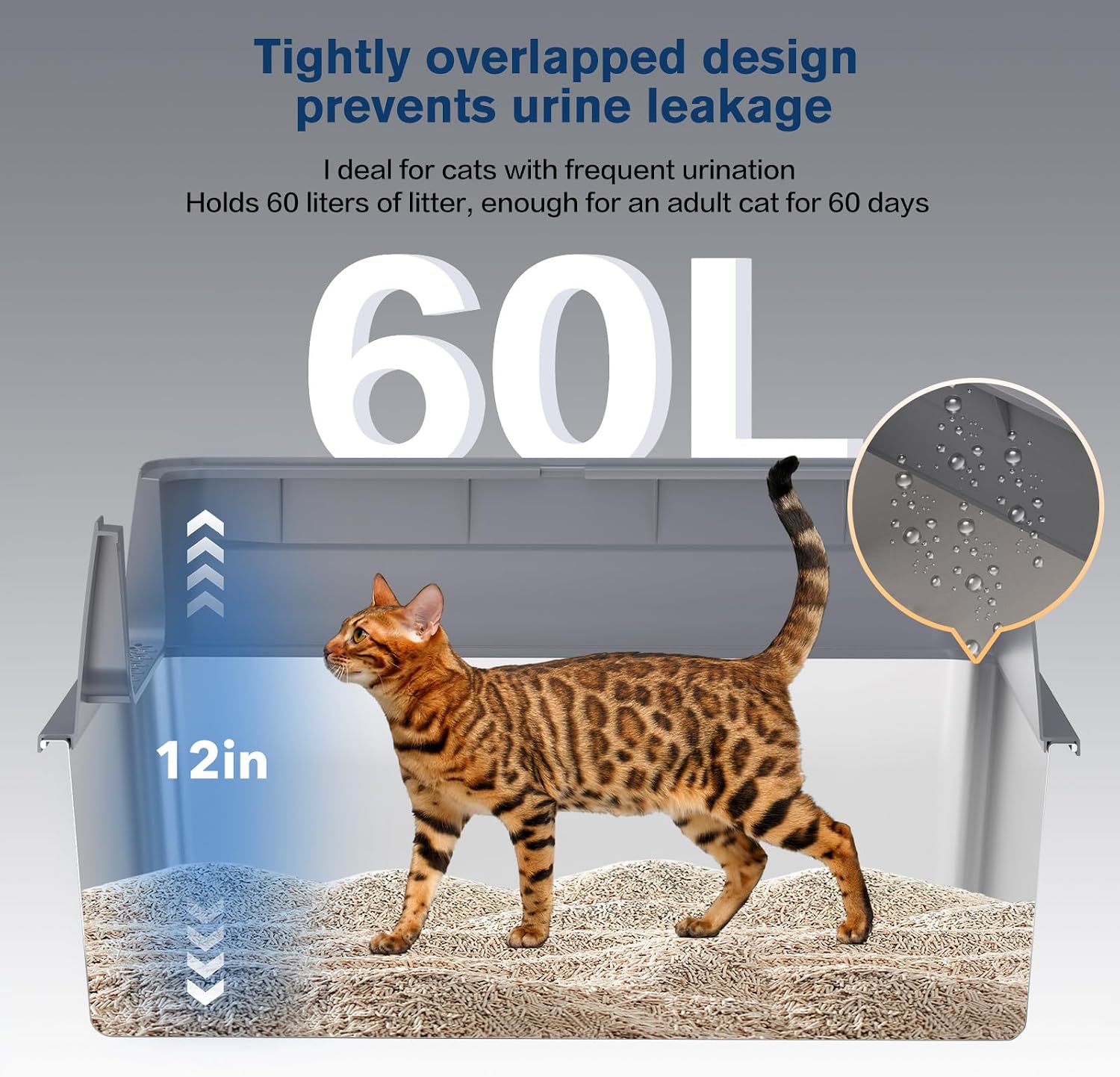 Detalle de KITCATY CALB-301LG Stainless Steel Cat Litter Box, XXL, 12-Inch High Sides