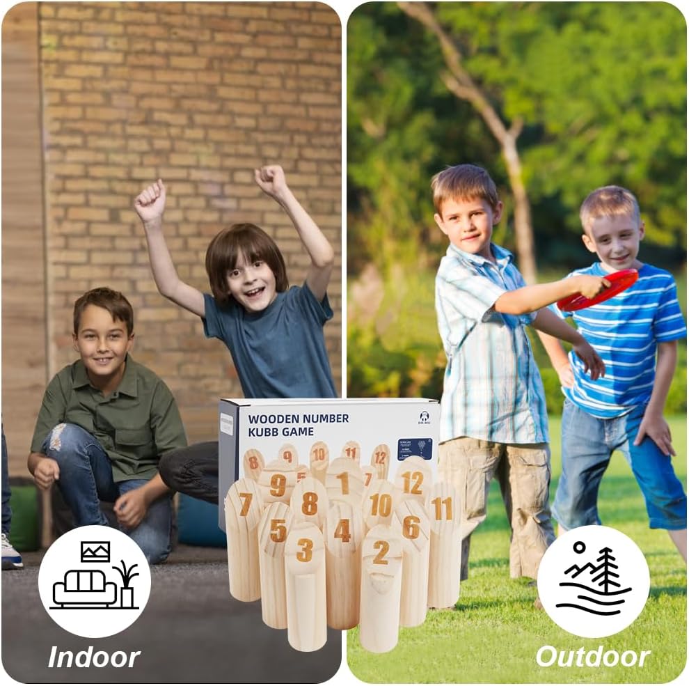 Thumbnail 6 de OSDUE Holz Zahlen Kubb-Spiel (Wikinger-Schach / Wurfspiel) für Outdoor-Partyspiele