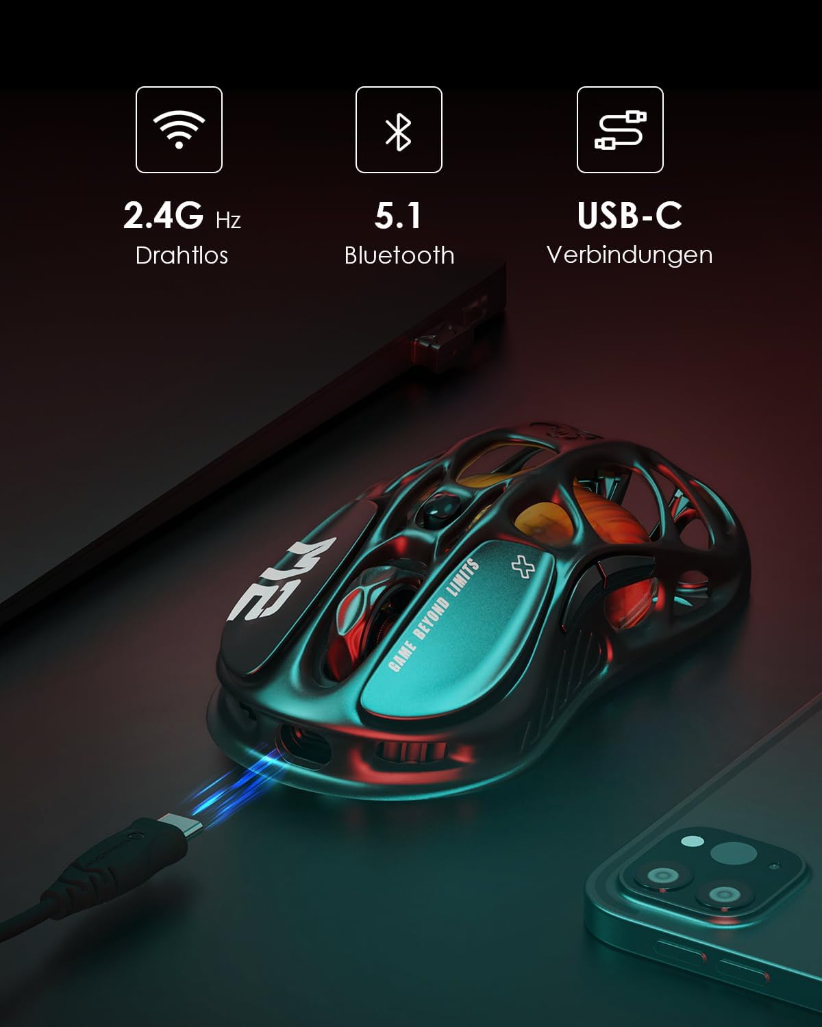 Detalle 1 de GravaStar Mercury M2 Gaming-Maus (kabellos) mit PAW3395 bis 26.000 DPI, Tri-Mode & 79 g – Schwarz