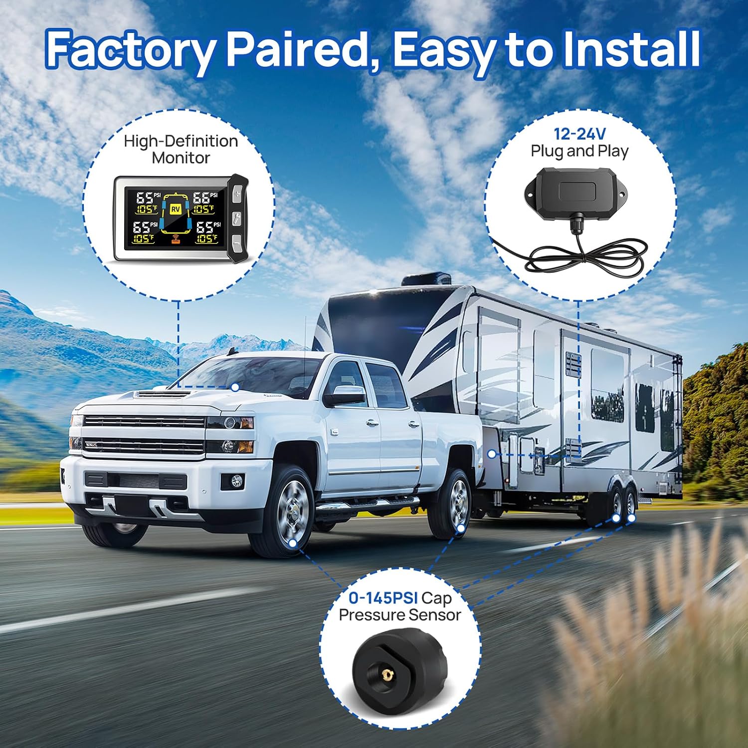 Detalle de Masoll RV Tire Pressure Monitoring System, Gen 2 with 4 Sensors and Color LCD Display