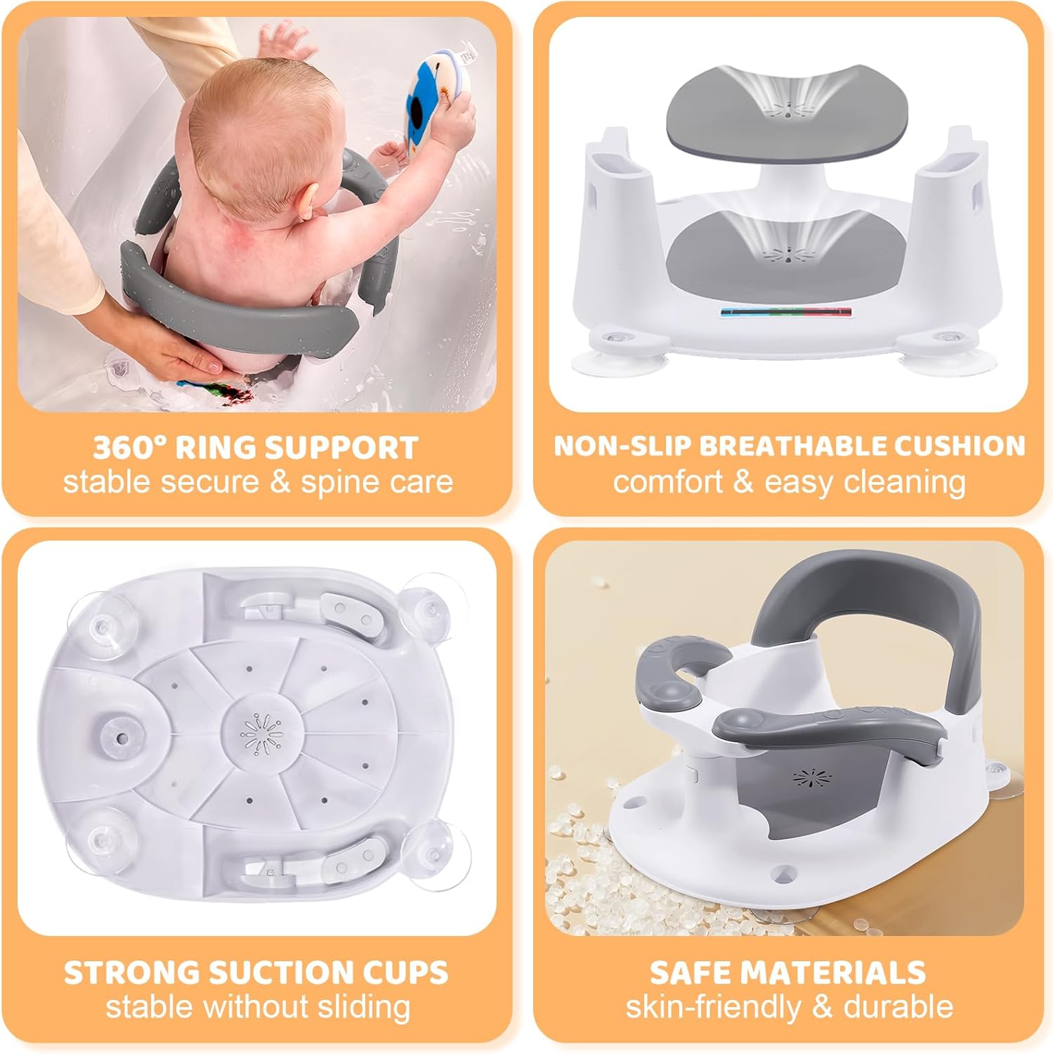 Thumbnail 5 de MAIKKB Baby Bath Seat 6 Months Plus with Temperature Alert & Suction Cups (Grey)