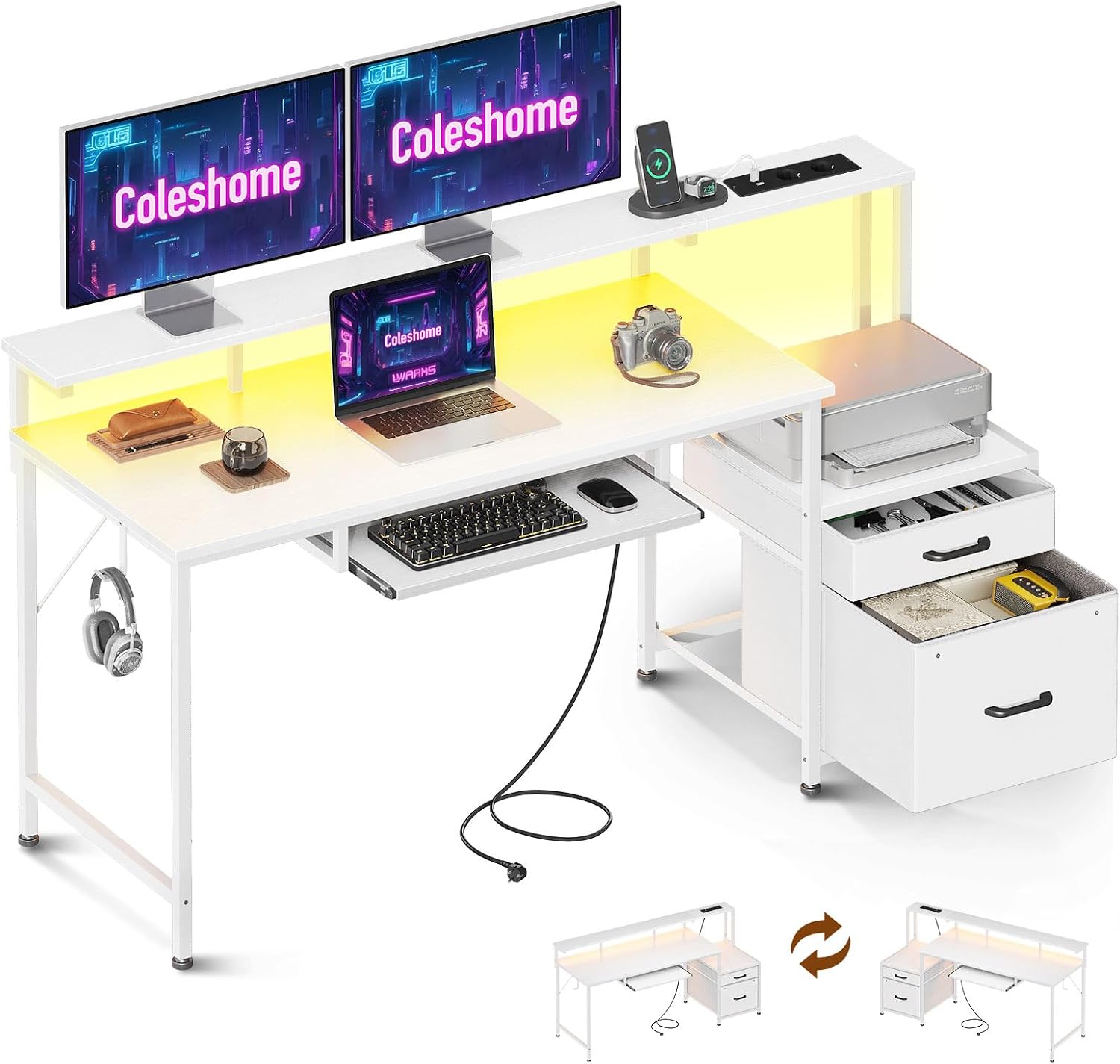 Detalle de Coleshome Scrivania Gaming con LED, prese e 2 cassetti, 140x48 cm, tavolo reversibile con supporto monitor e vassoio tastiera (bianco)