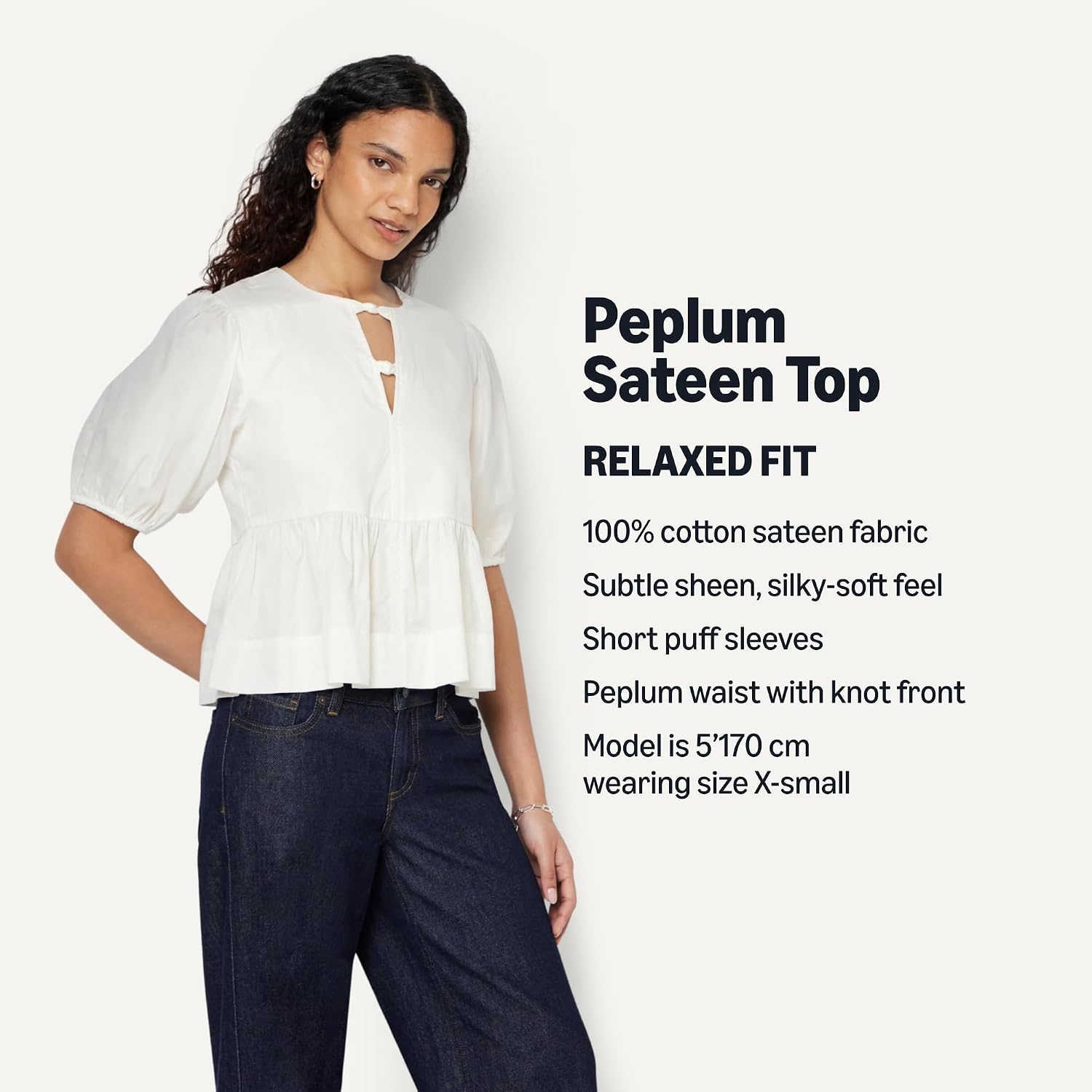 Detalle de Amazon Essentials Women's Cotton Sateen Relaxed-Fit Peplum Blouse