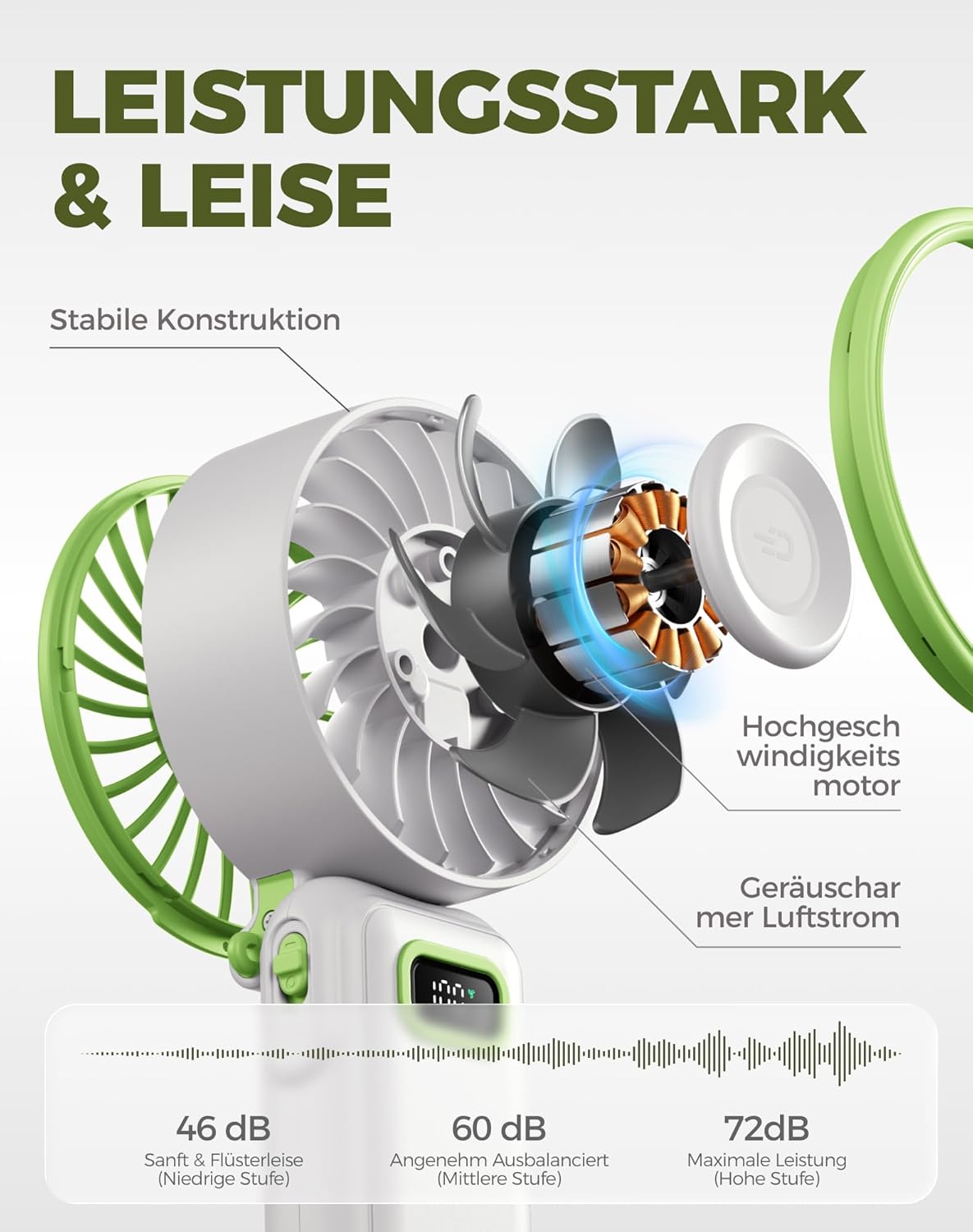 Detalle 2 de Diveblues Handventilator Tragbarer Turbo-Ventilator mit 100 Stufen – 4-in-1, USB-C, 3600 mAh