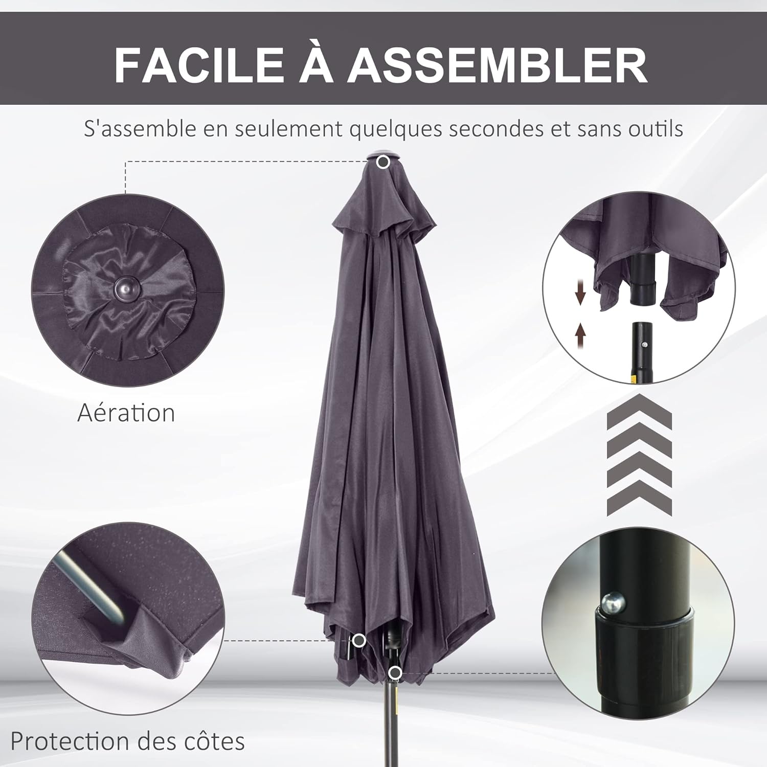 Thumbnail 5 de Outsunny Parasol droit inclinable de jardin Ø2,6 m – aluminium et toile polyester 180 g/m²