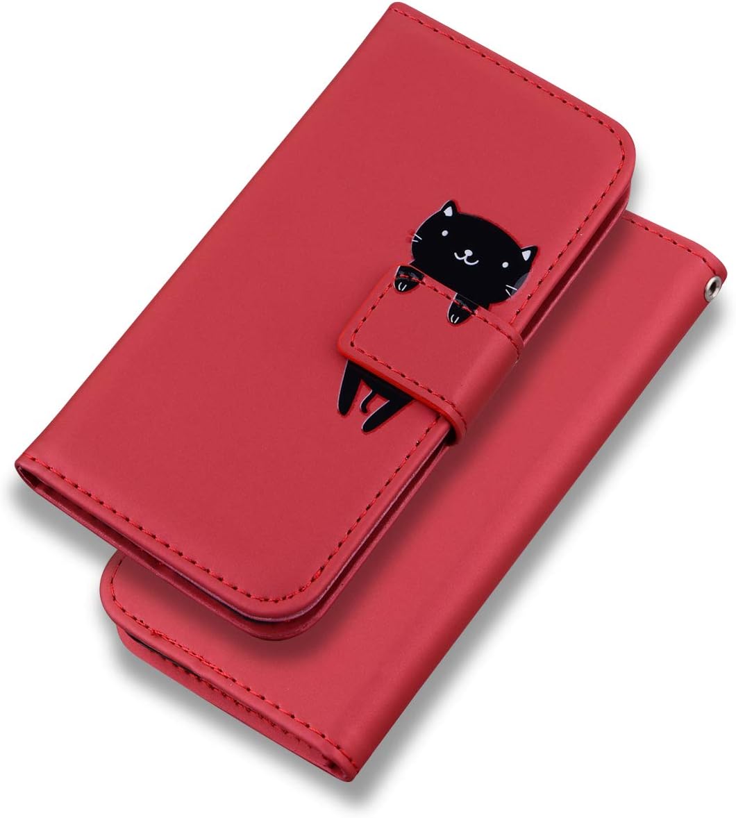 Detalle de Ailisi Galaxy S25 Edge Hülle mit Kartenfach und Ständer – Dunkelrot, PU Leder, Katzen-Design