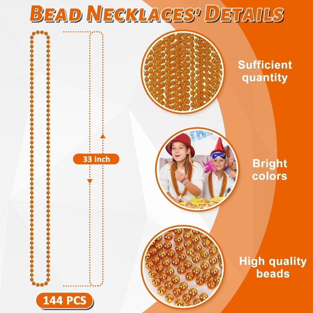 Detalle 2 de 72PCS Mardi Gras Beads Orange Beaded Necklace Party Favors (33 in) for Mardi Gras & Halloween Events