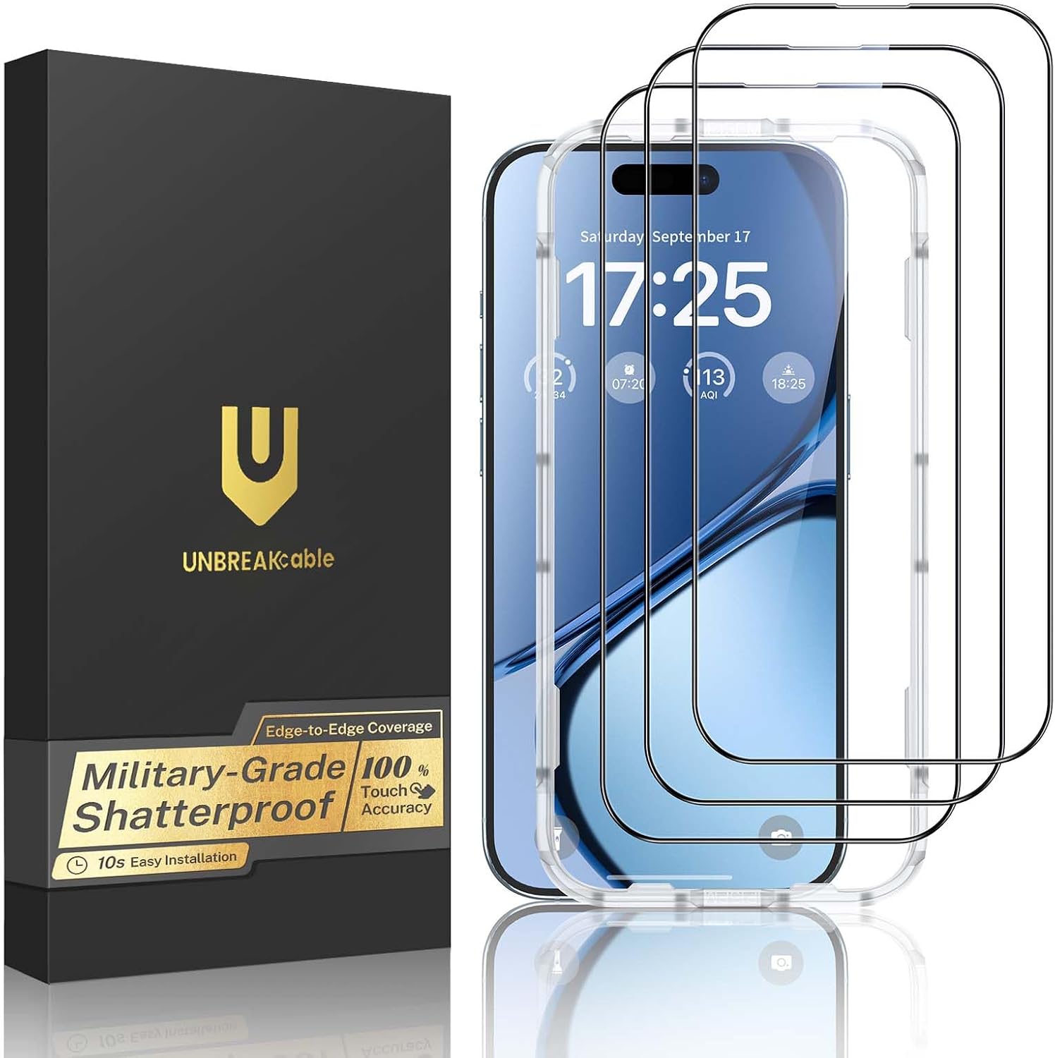 Detalle de UNBREAKcable 3-Pack Screen Protector for iPhone 15 (6.1”) – Double Shatterproof Tempered Glass, Easy Installation Frame, 99.9% HD Clarity