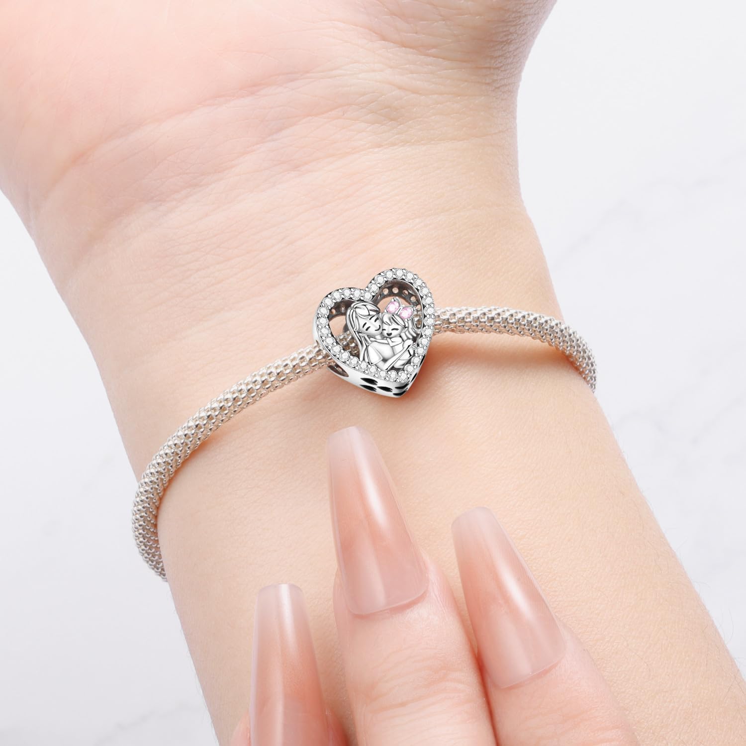 Detalle de PANPOKI Family Herz Charm Perlen 925 Sterling Silber – Nurse, Mutter-Tochter, Schwestern