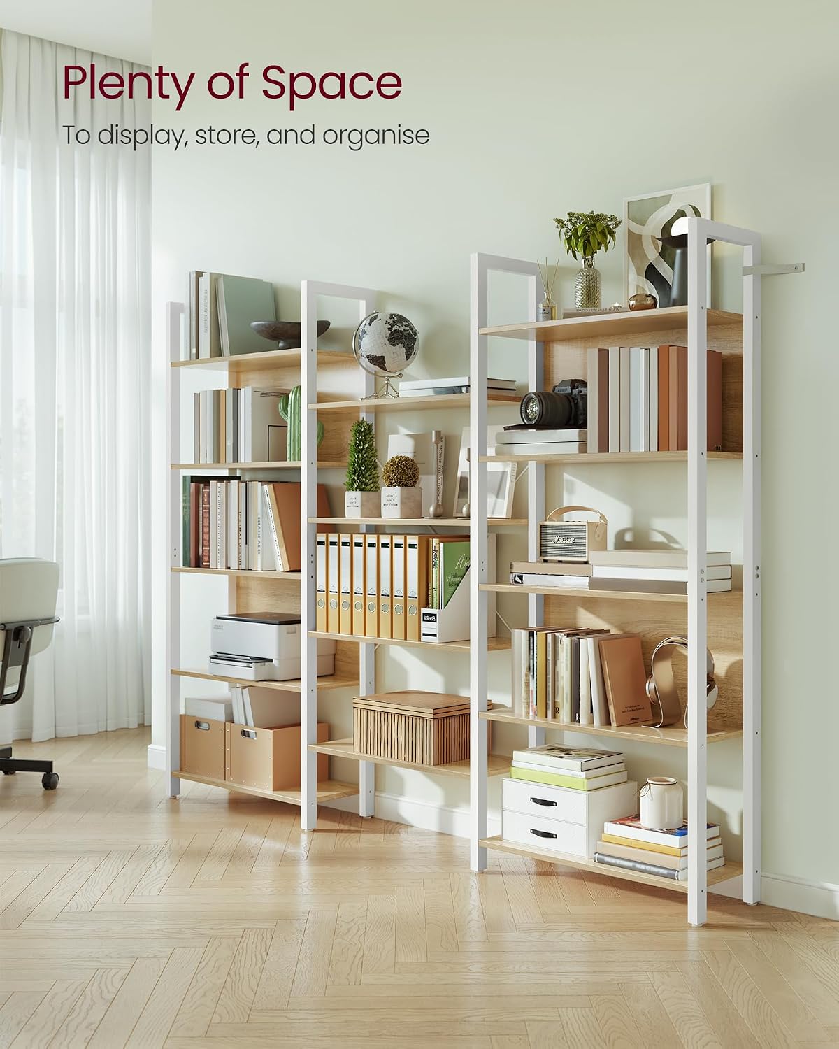 Detalle 2 de VASAGLE BARNET LLS107YA01 14-Shelf Bookcase, Steel Frame, Golden Oak and White