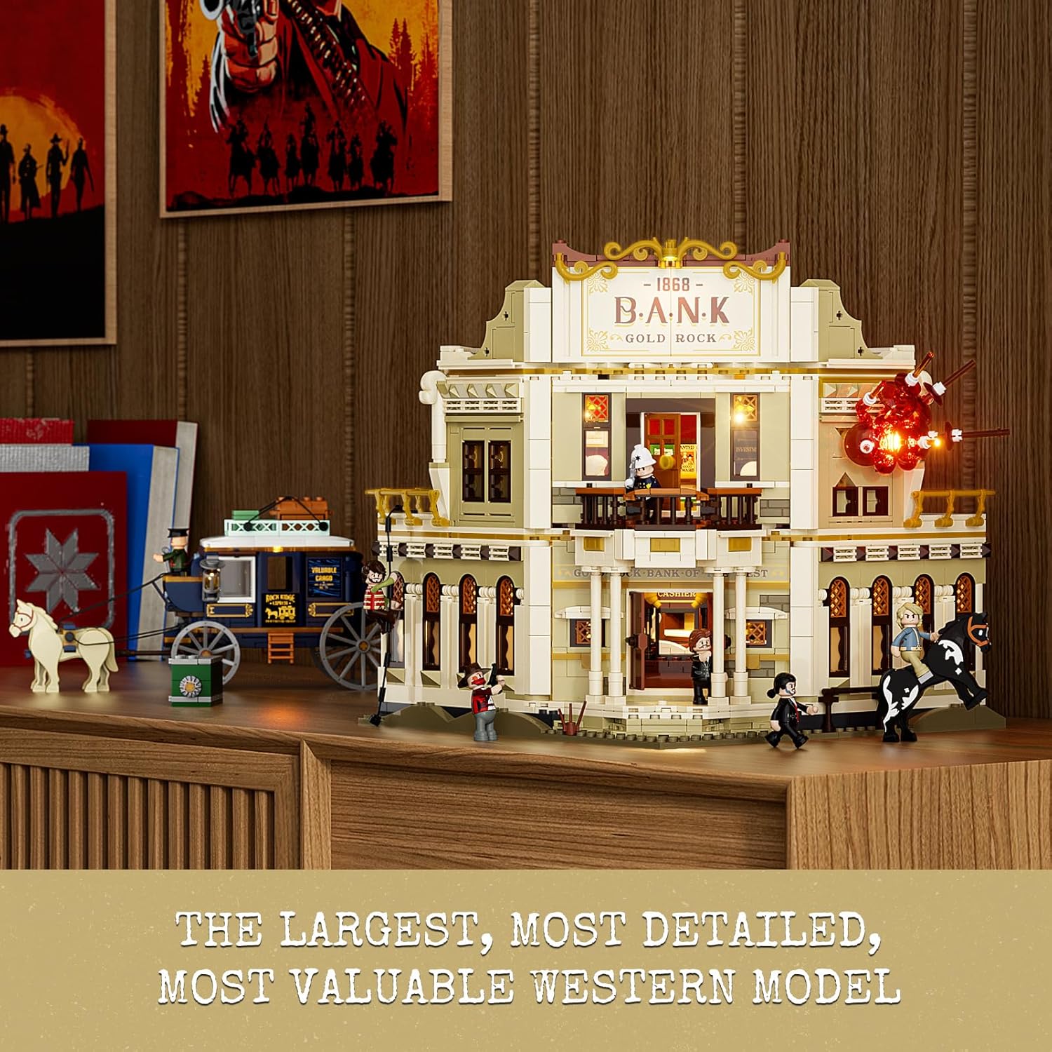 Thumbnail 1 de Lumibricks Western Bank Heist Lighting Building-Bricks Set (2875 pcs) — Wild West Outlaw Gold Display Collection