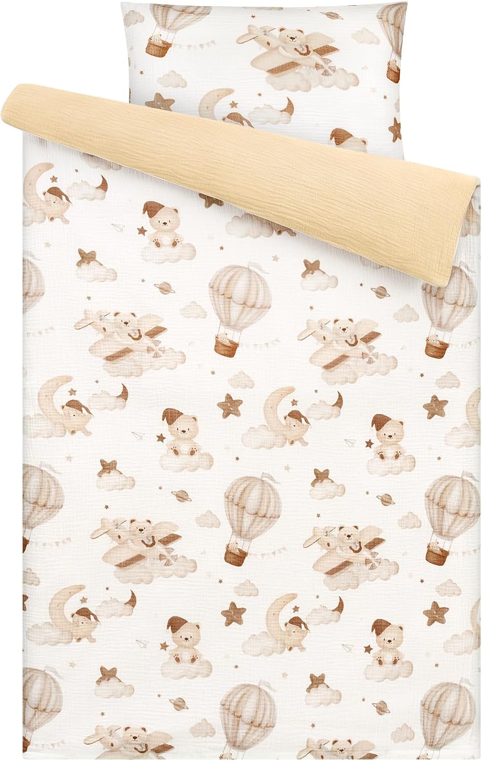 Detalle de Yukkidds Musselin Kinderbettwäsche 100x135 – Bettbezug 100x135 cm + Kissenbezug 40x60 cm aus 100% Baumwolle (Brauner Ballon)