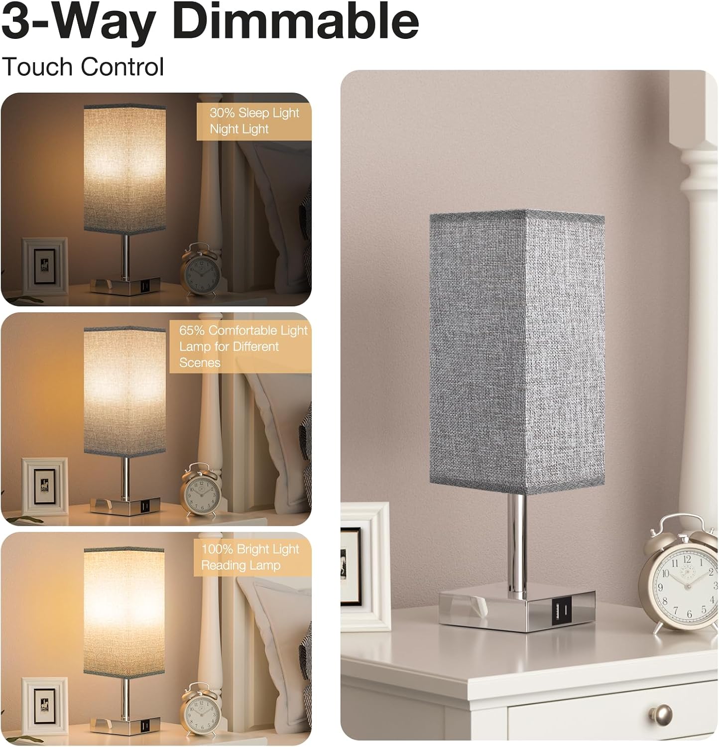 Detalle de Aooshine Bedside Lamps: 3‑Way Dimmable Touch Lamp with USB A+C Ports (Grey Fabric Shade)