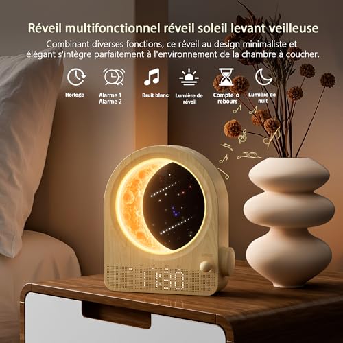 Detalle de blonbar Lampe lune avec réveil à lumière du jour – lampe de chevet avec 2 réveils, 10 sons naturels et veilleuse nocturne