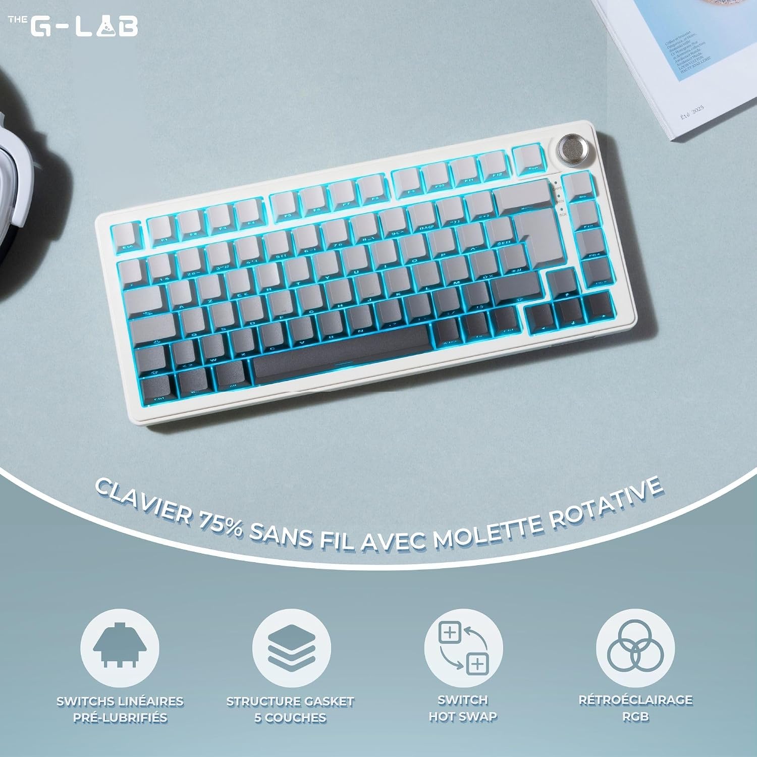 Detalle de THE G-LAB KEYZELITE300GRW – klawiatura mechaniczna AZERTY, tri-mode, hot-swap