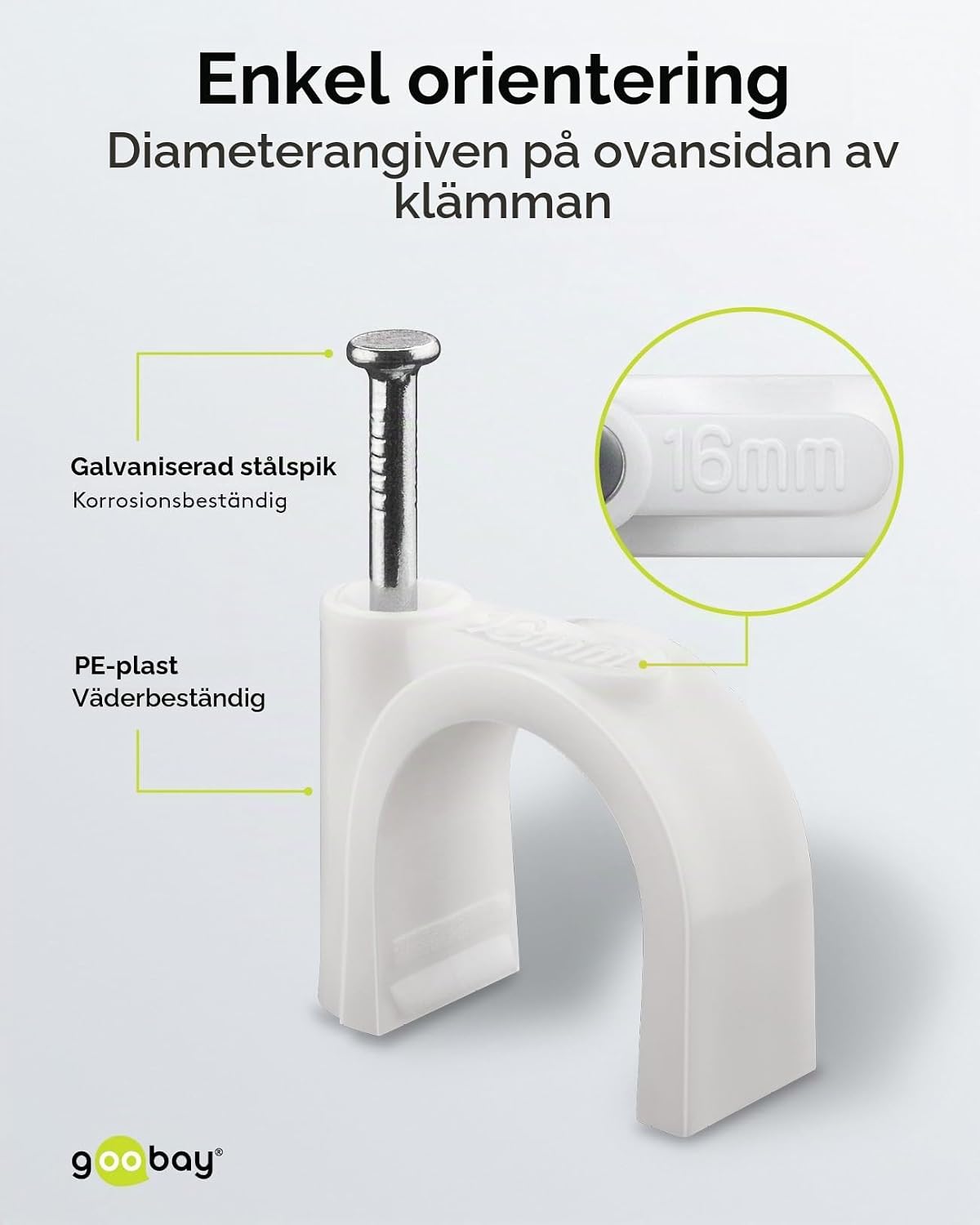 Detalle de Goobay 17085 kabelklämmor, vita, 100-pack för kablar upp till 16 mm