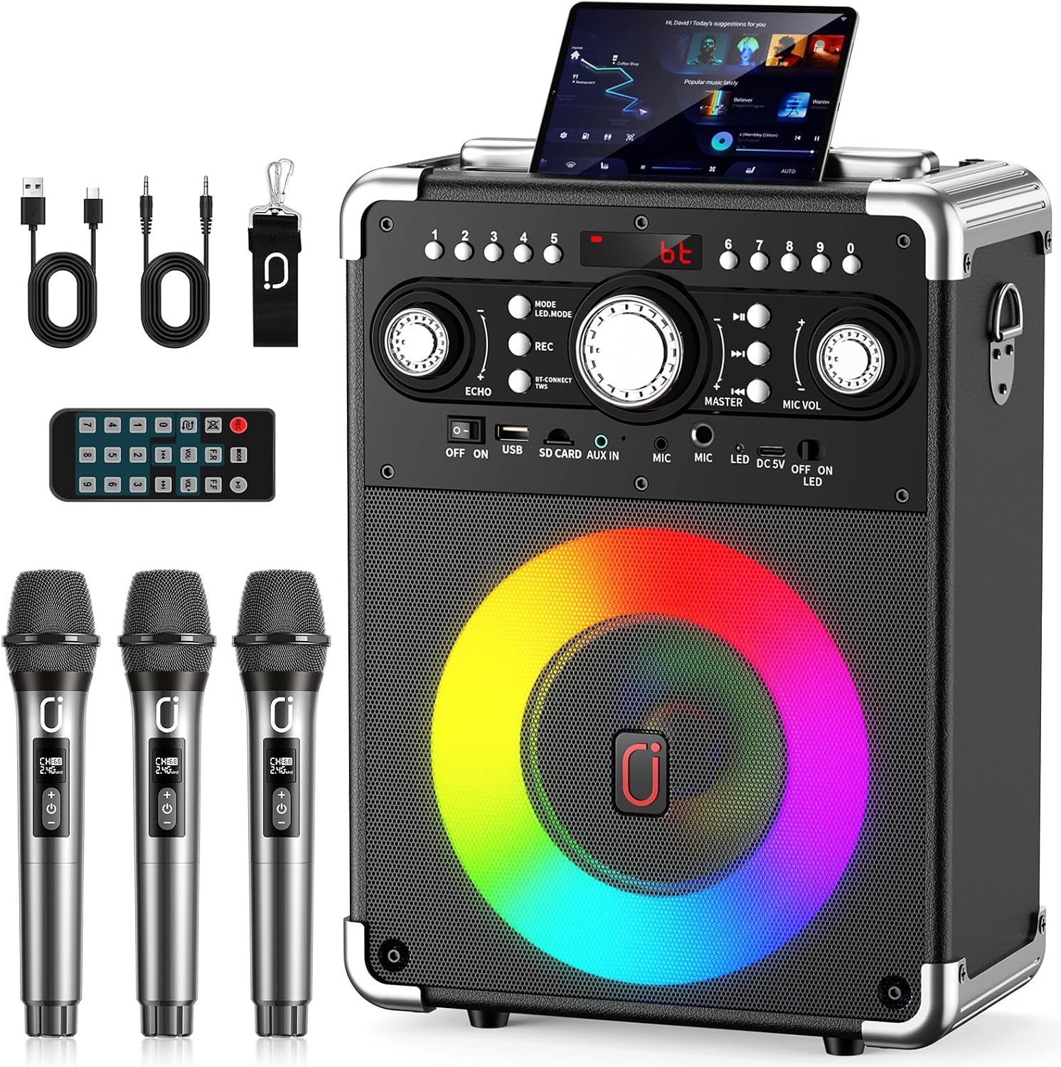 Detalle de HWWR Karaoke Machine, Portable Bluetooth Speaker with 3 Wireless Mics