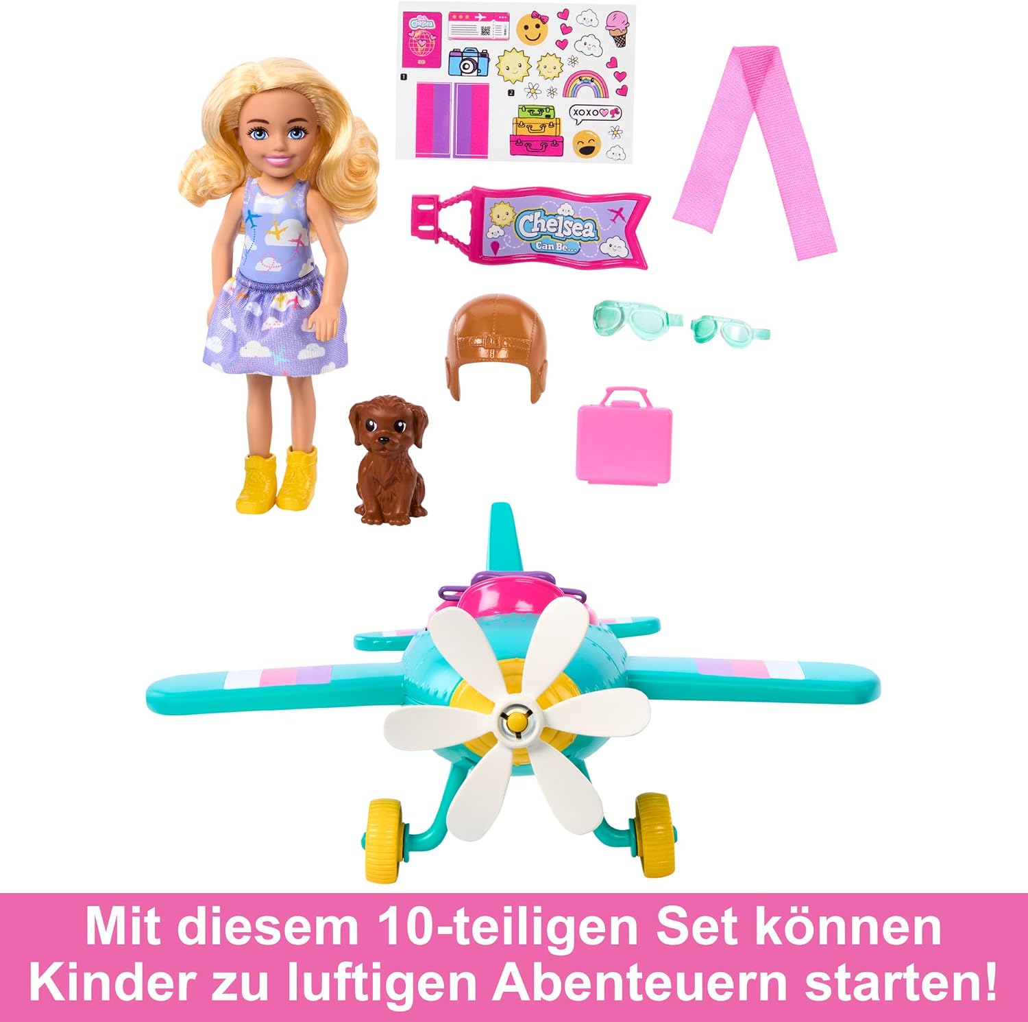 Detalle 2 de Barbie Chelsea Flugzeug Puppe & Spielset (HTK38) – Pilotenpuppe, Flugzeug, Hündchen und Zubehör