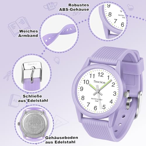 Thumbnail 3 de SOCICO Kinder Analog Uhr – Lila, 50 m Wasserdicht, Großes Zifferblatt, Weiches Band, Für 4–12 Jahre