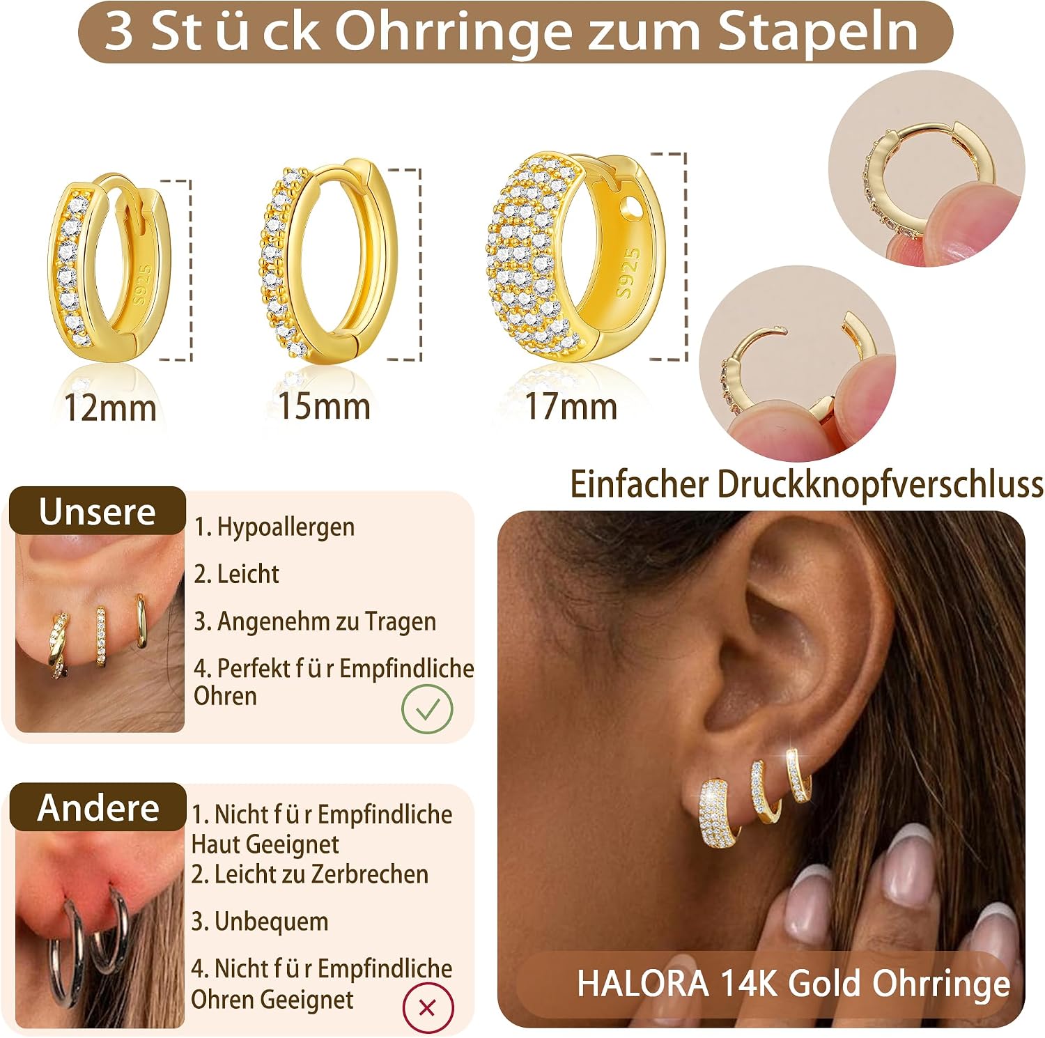 Thumbnail 5 de Halora 3 Paar Creolen-Set aus Silber 925 (hypoallergen, nickelfrei) mit 14K Gold-Optik & Zirkonia