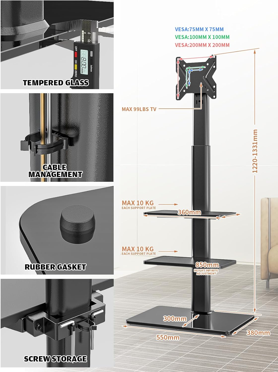 Thumbnail 1 de HT3001BP: Universal Floor TV Stand with Swivel Mount for 19–42 inch TVs