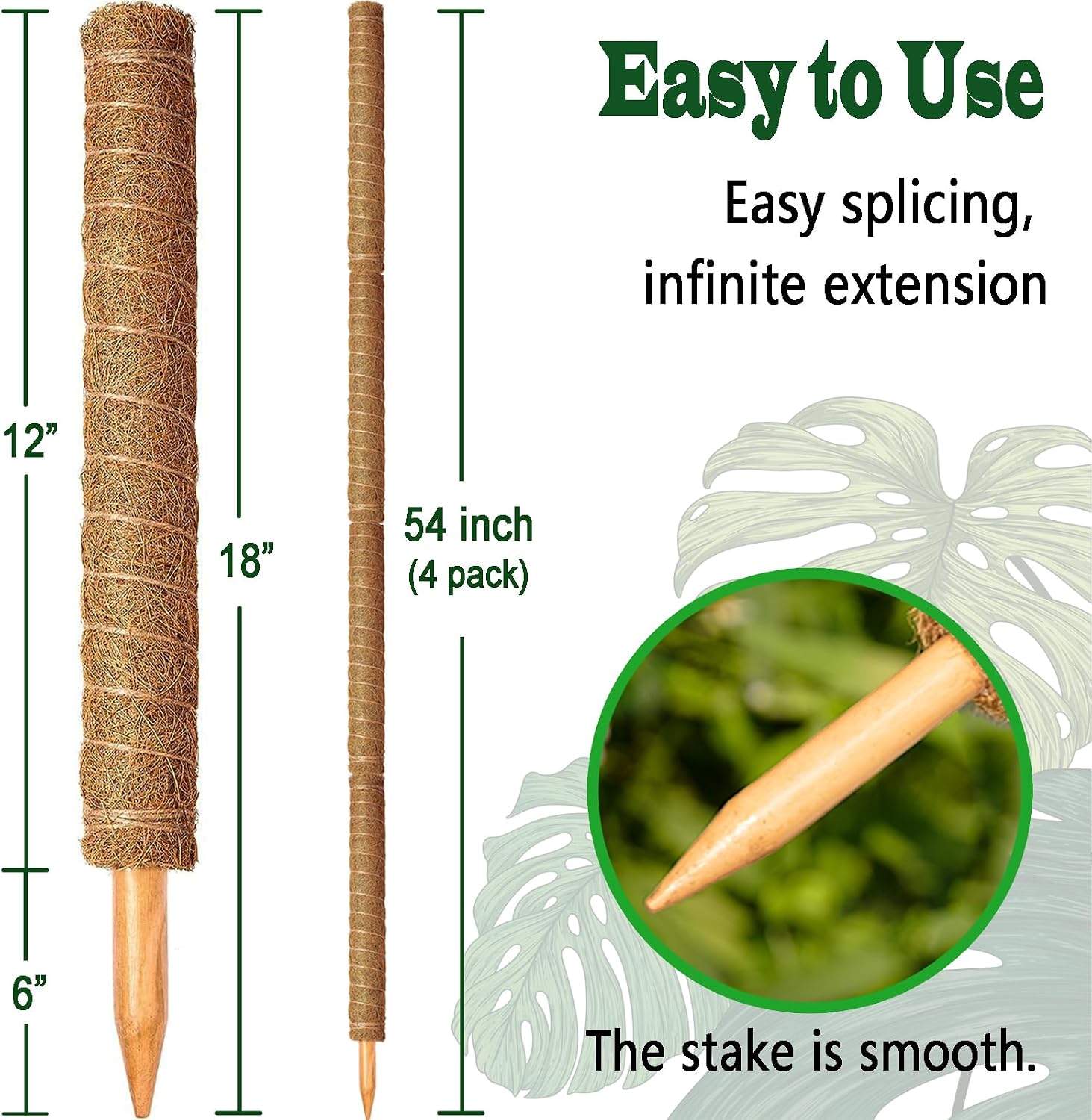 Detalle de CHIAFFI Moss Pole 18-Inch Coir Plant Supports, Stackable 4-Pack