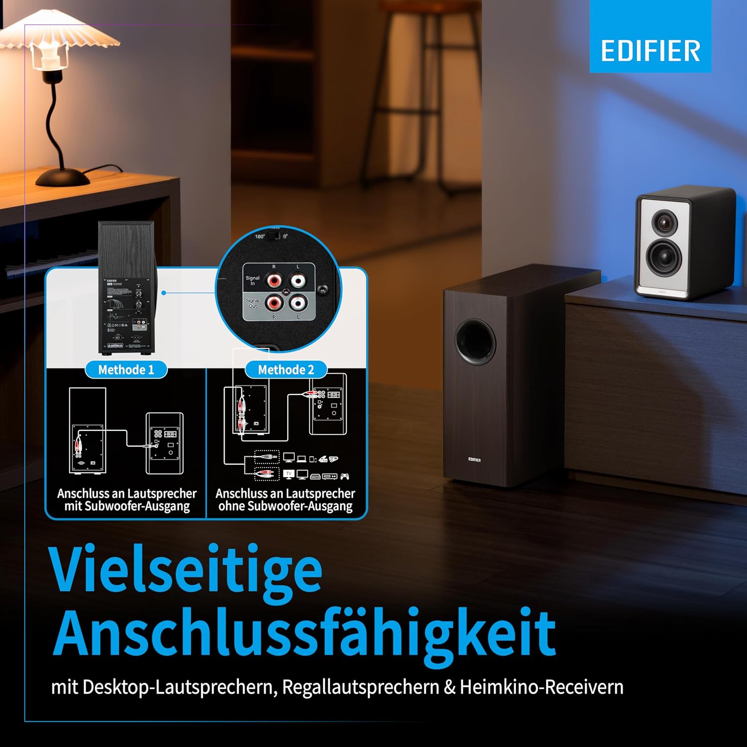 Detalle de Edifier T5s Aktiv-Subwoofer mit 8‑Zoll‑Tieftöner, 70 Watt RMS und Low‑Pass‑Filter bis 35 Hz