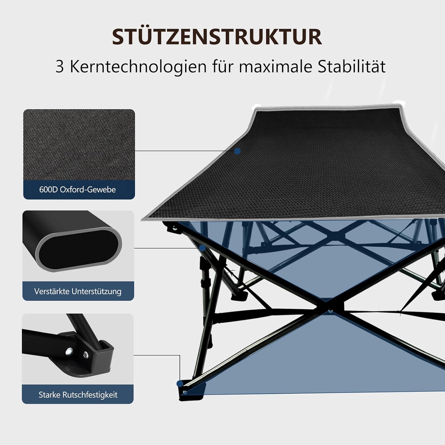 Detalle de Bonnlo Feldbett klappbar mit Matratze – XXL Campingbett 190 x 71 x 36 cm, bis 150 kg, Schwarz