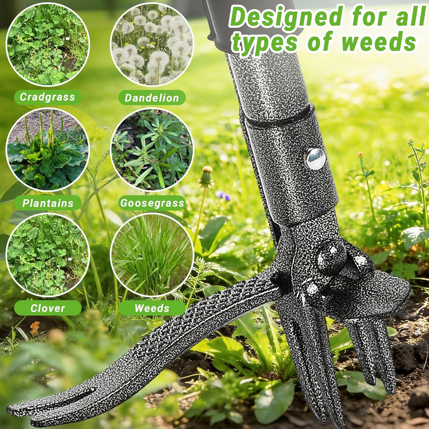 Detalle de Bamda Weed Puller Root Remover Tool (110.5cm) – Durable Bamboo Handle, 4-Claw Steel Head