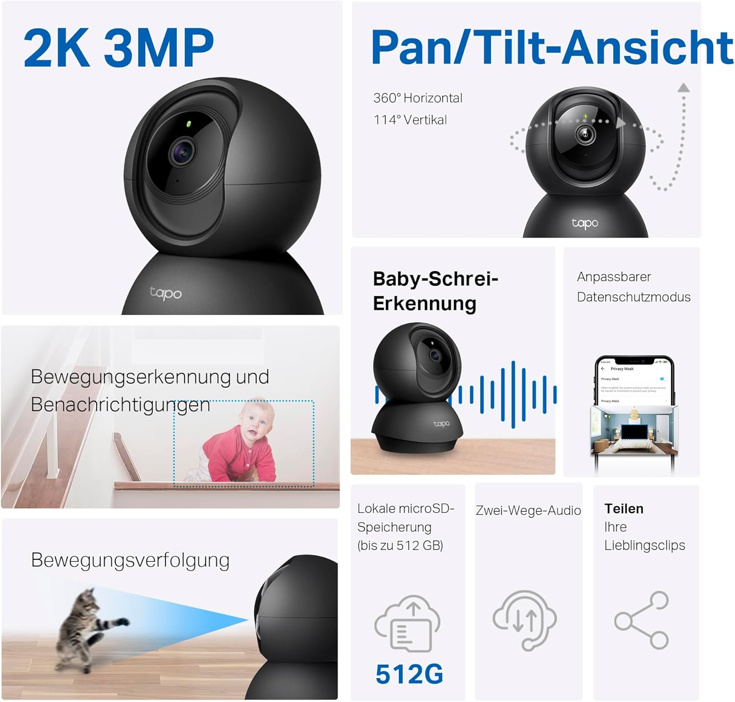 Detalle de Tapo TP-Link C211 WLAN IP Kamera – 2K, 360° Schwenk/Neige, 2-Wege-Audio, Speicheroptionen