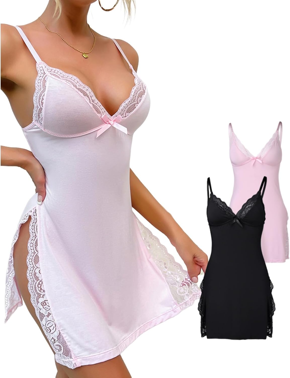 Detalle 2 de CHICME Lace Trim Side Slit Modal Cami Sleep Dress – 2-Pack Loungewear Set for Women
