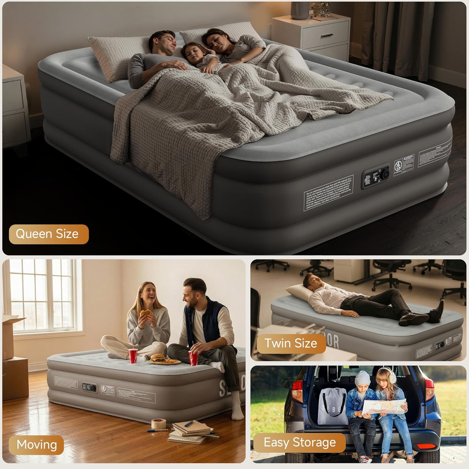 Thumbnail 5 de Sebor Air Mattress Queen with Built-in Pump — 18" Comfort, Durable PVC, portable for guests, camping, and travel