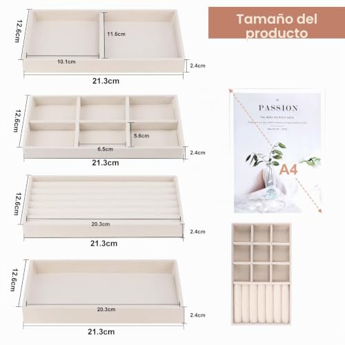Thumbnail 2 de EXLECO 8 Pcs Organizador de Joyería de Terciopelo Beige con Cajones y Bandejas Apilables