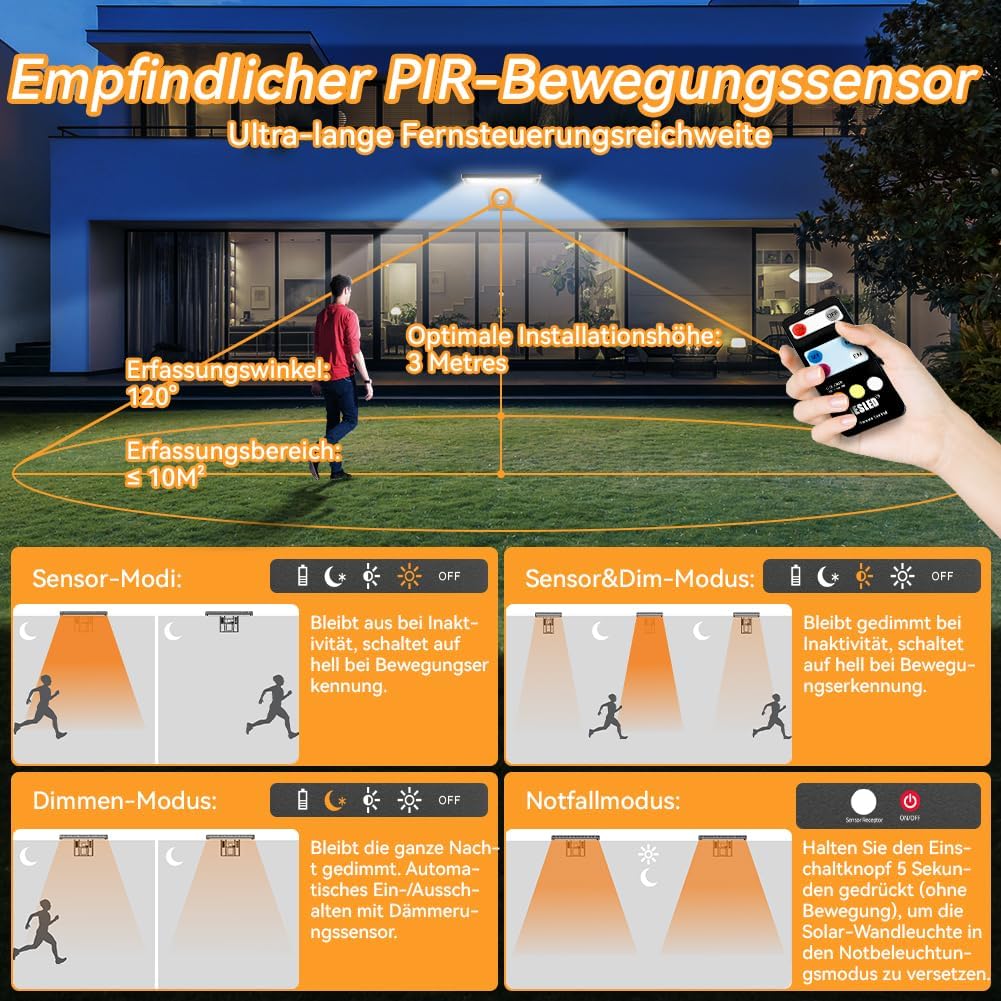 Thumbnail 4 de JESLED Solarlampen für außen mit Bewegungsmelder (2 Stück) – 104 LEDs, IP65, 3 Farbtemperaturen