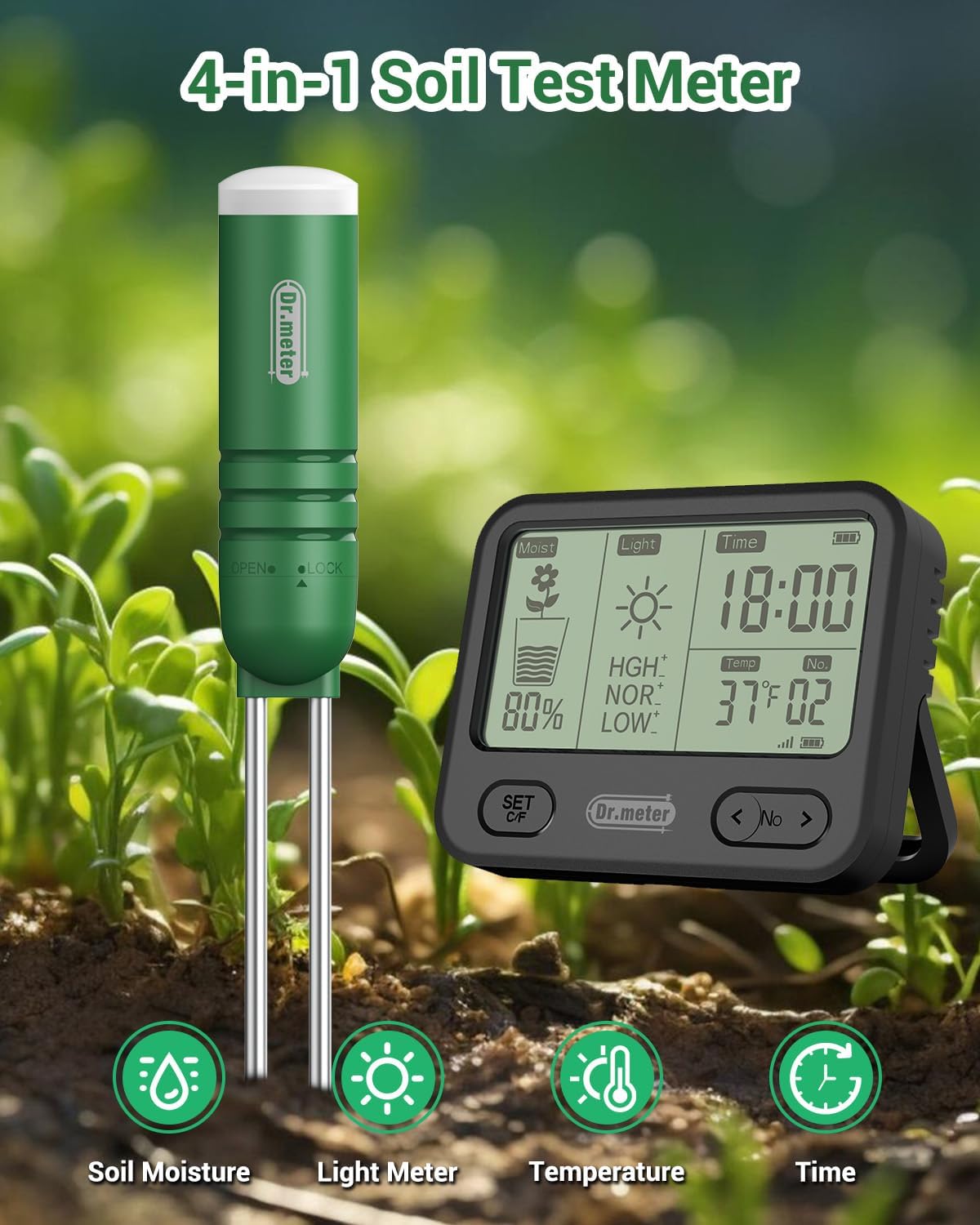 Detalle 2 de Dr.meter 4-in-1 Soil Moisture Meter with 300ft Wireless Sensor – Practical Care for Indoor and Outdoor Plants