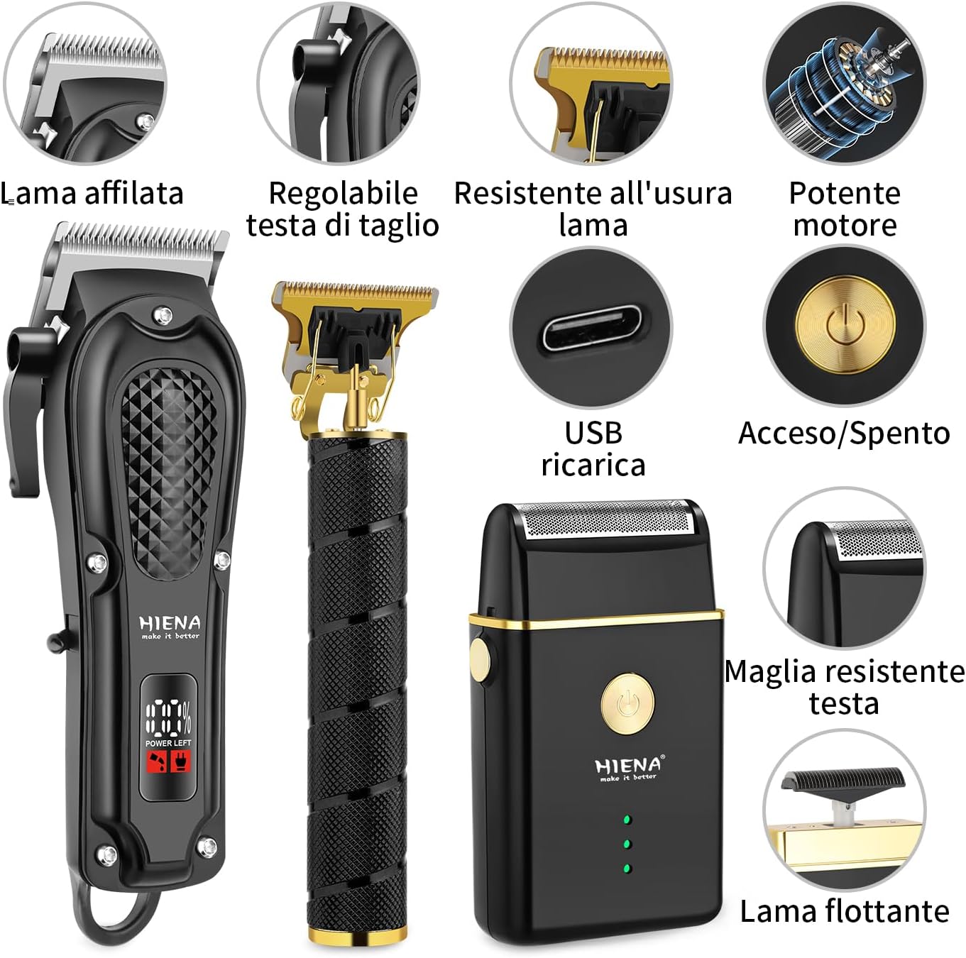Detalle de HIENA PRO Tagliacapelli Uomo Professionale — Set completo per taglio capelli, rasatura e rifinitura