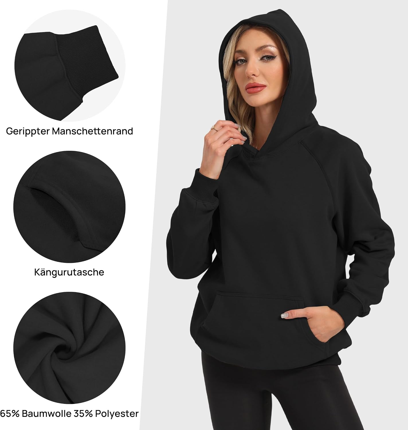 Detalle 2 de Timuspo Hoodie Damen Oversize – Bequemer Baumwollpullover mit Kapuze, langärmlig, einfarbig