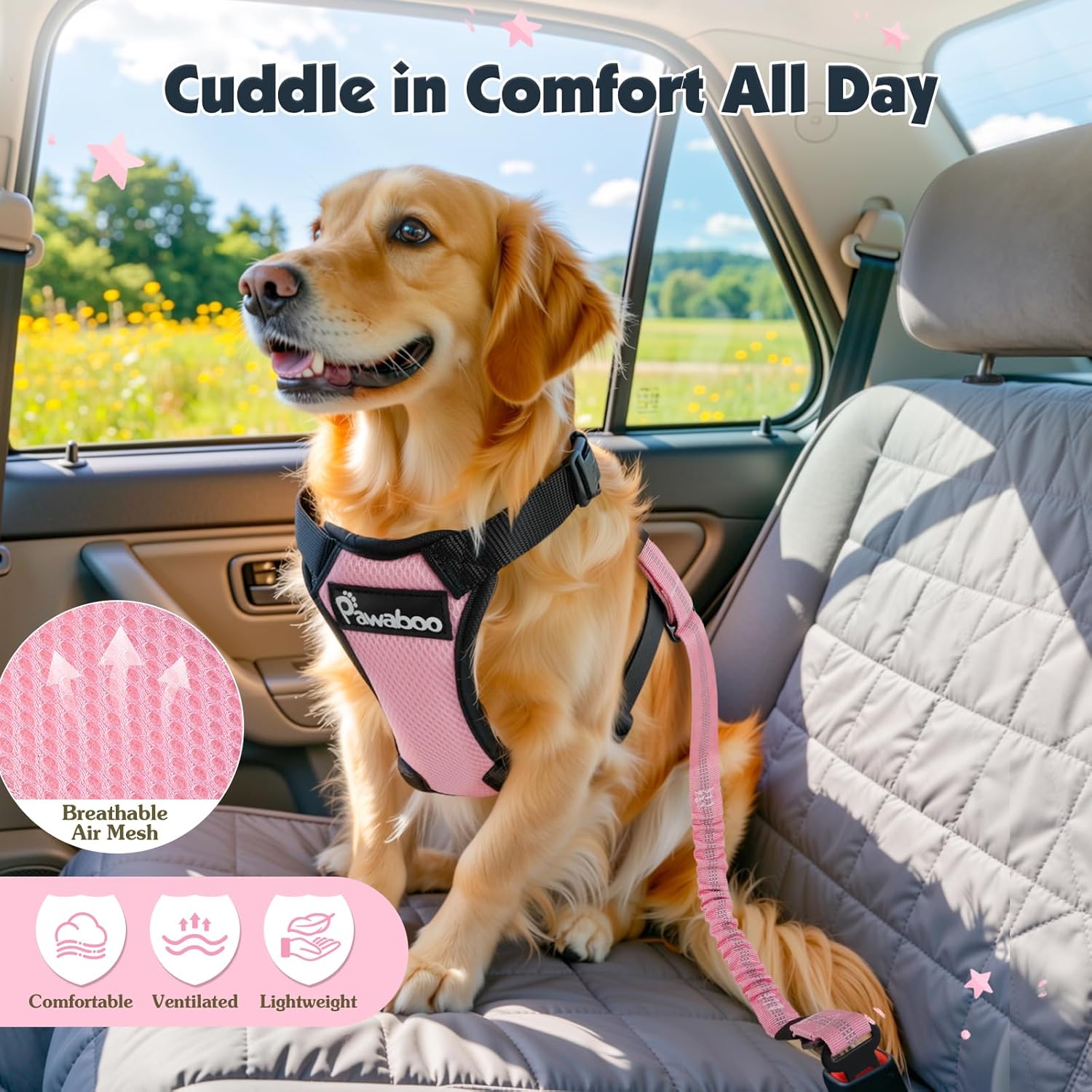 Thumbnail 6 de Pawaboo Dog Seat Belt Harness (Pink & Black) with Double Clips, Elastic Bungee and Adjustable Vest