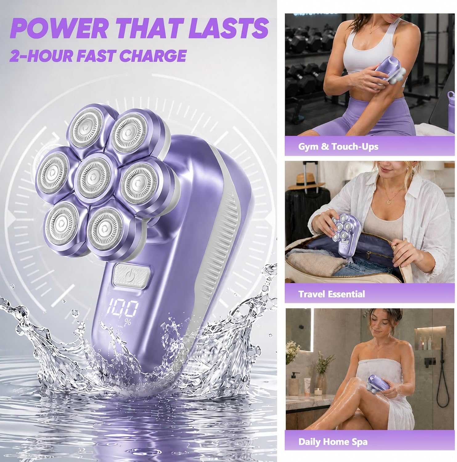 Thumbnail 6 de Electric Shaver for Women with 7D Magnetic Heads – All-in-One Wet & Dry Body Grooming Kit (Purple)