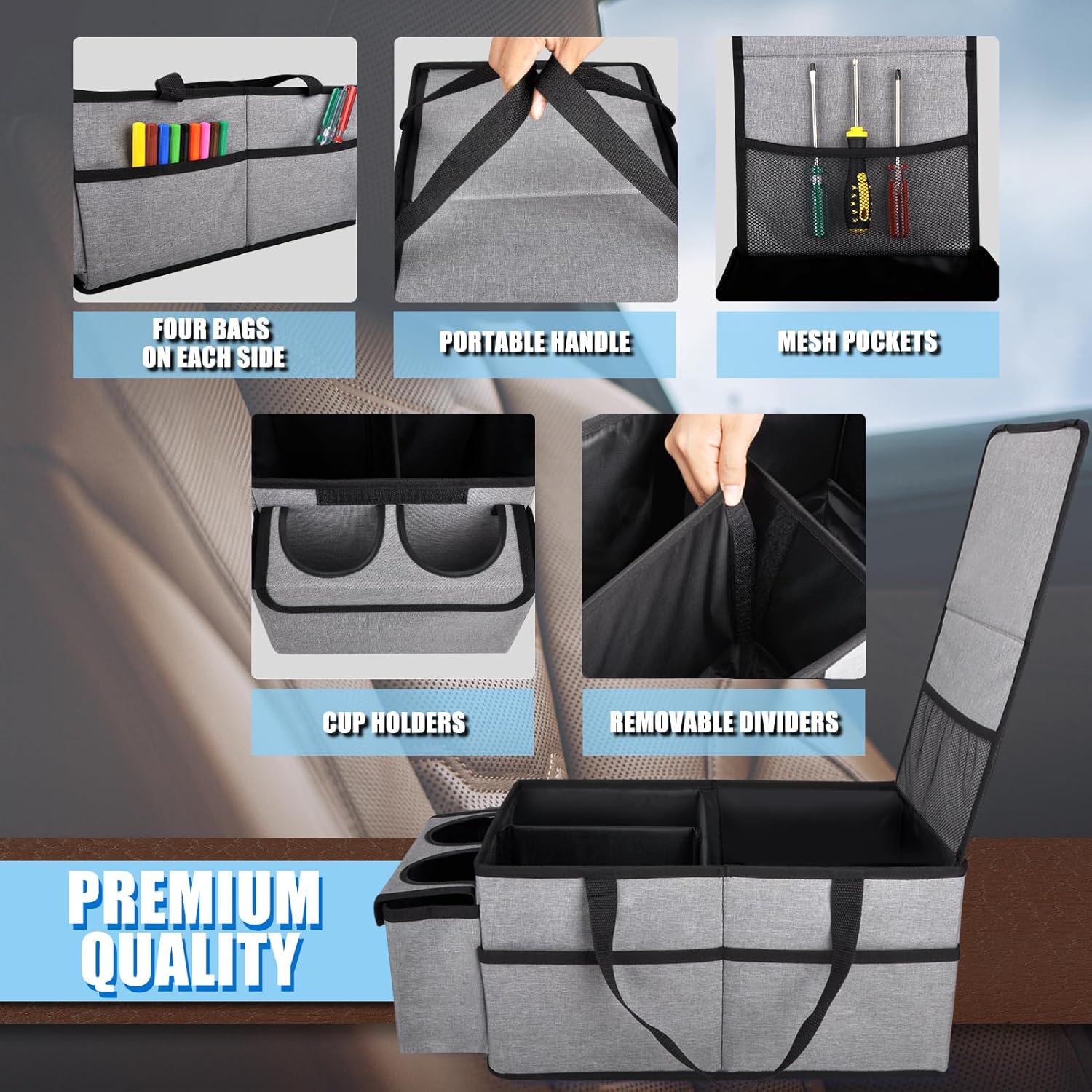 Thumbnail 2 de GUWINA Car Backseat Organiser (Grey) with Lids and Straps – foldable multi-compartment storage for front, rear seats and boot