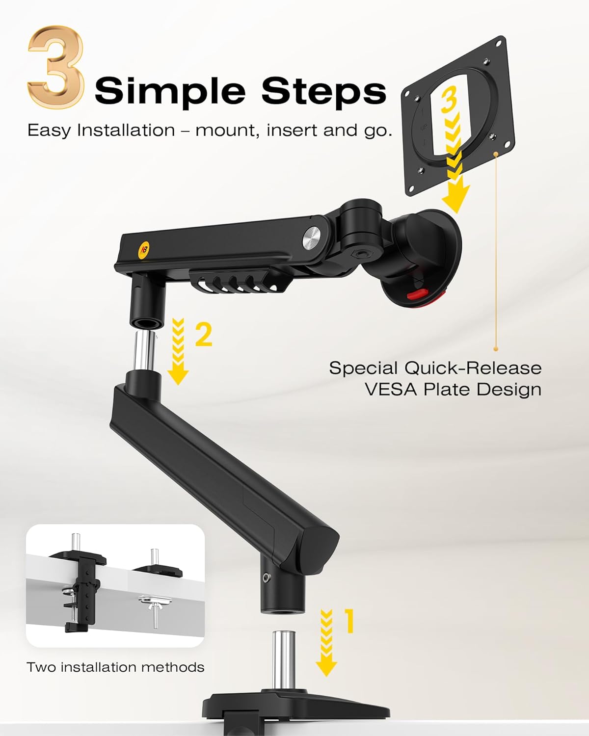 Thumbnail 4 de NB Ergonomic Monitor Arm for 17–32 inch Displays (Up to 9 kg) with Mechanical Spring – VESA 75/100 mm, Black